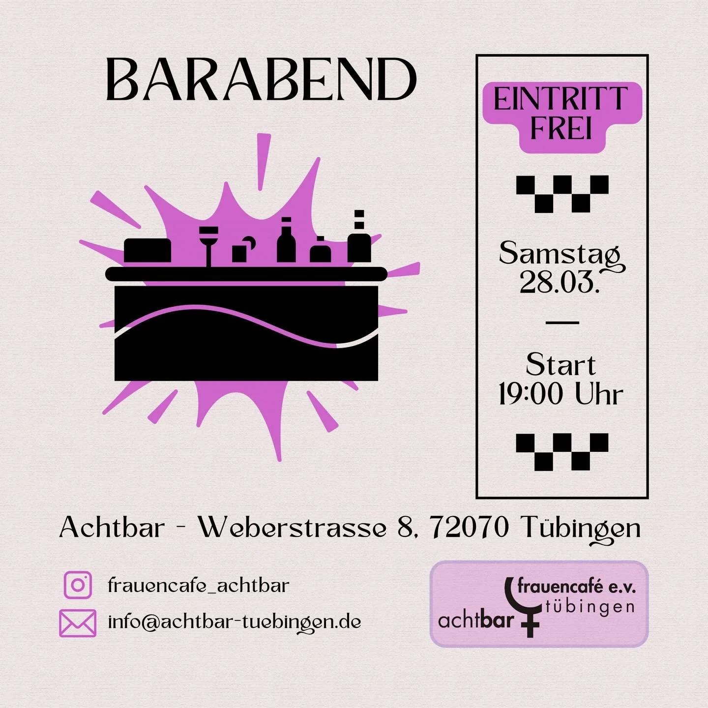 Lust auf Drinks und eine entspannte Atmosph&auml;re? 🍸
Dann schau bei der Achtbar vorbei! Wir &ouml;ffnen f&uuml;r euch die Bar und bieten den perfekten Spot, um locker zu quatschen und eine gute Zeit zu haben.💜

📅 Wann? Samstag, 28.03.2026 - Star