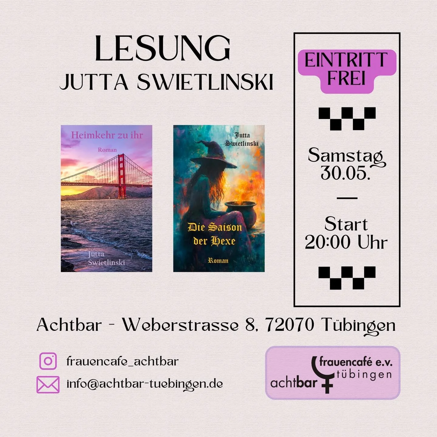 Kommt zur Lesung von Jutta Swietlinski, die aus ihren B&uuml;chern &bdquo;Heimkehr zu ihr&ldquo; und &bdquo;Die Saison der Hexe&ldquo; vorliest.
Infos zur Autorin: Seit ich denken kann, schl&auml;gt mein Herz f&uuml;r Buchstaben und Texte, W&ouml;rte