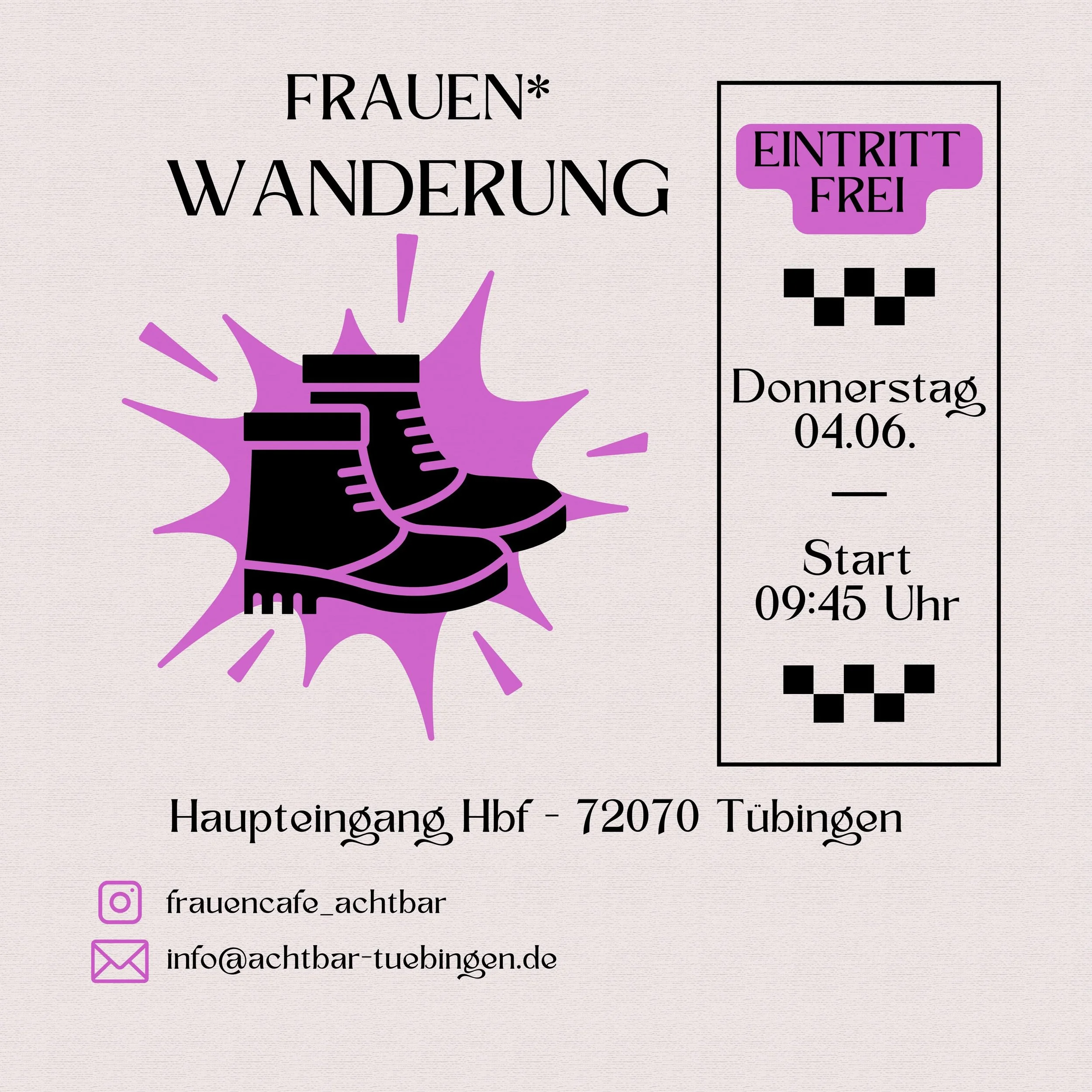 Die Frauen*-Wanderung geht in die n&auml;chste Runde!
Diesmal gehts nach N&uuml;rtingen und zum F&ouml;llbach-Wasserfall.
Es wird f&uuml;r zwei Level geplant: die k&uuml;rzere Route hat ~7km, die l&auml;ngere ~12km. Nach einem gemeinsamen Start k&oum