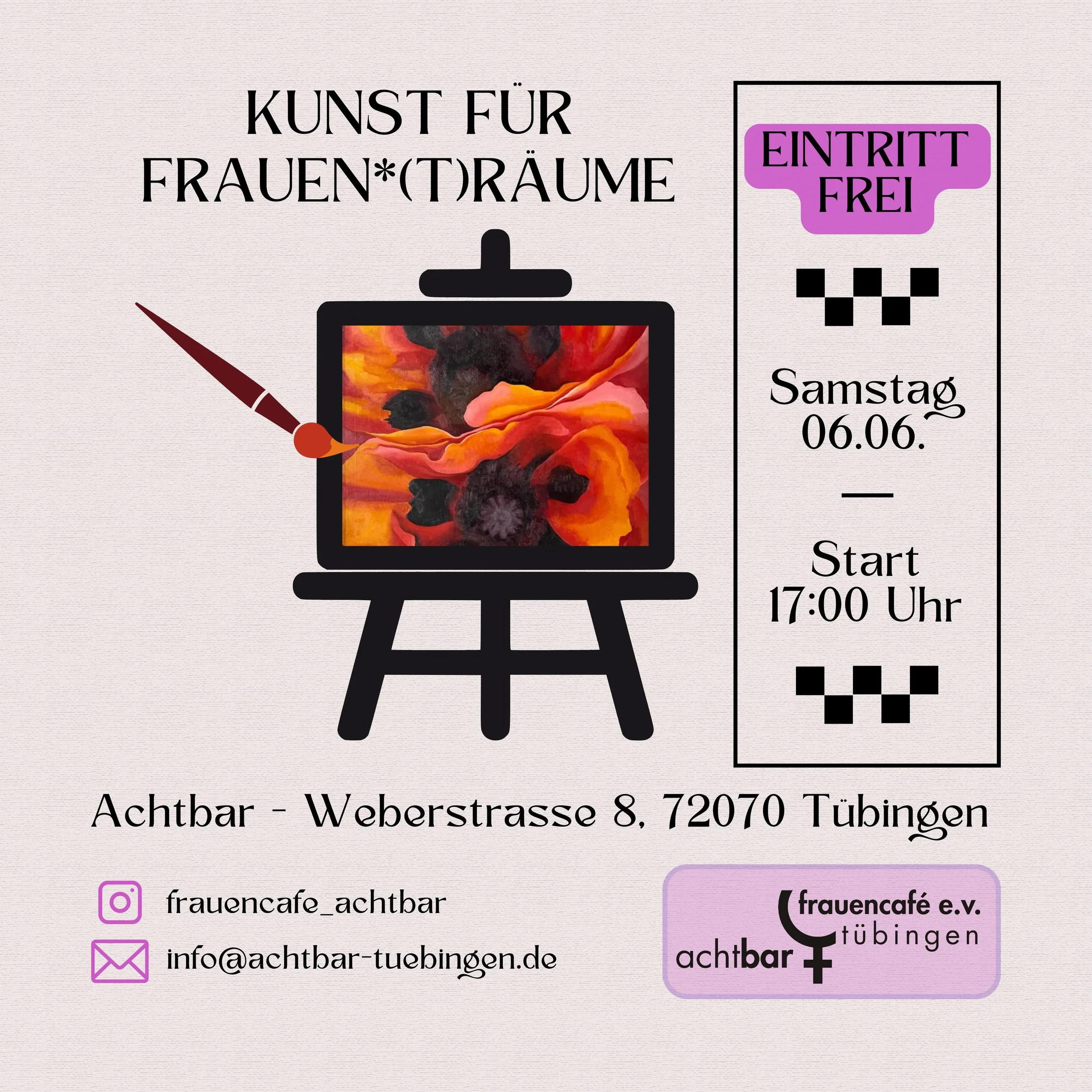 Wir laden euch zu einem besonderen Abend ein: unter dem Motto &bdquo;Kunst f&uuml;r Frauen*(t)r&auml;ume&ldquo; seid ihr die Gestalterinnen* einer weiteren kleinen Daueraustellung im Frauen*caf&eacute;. 🖼️

&bdquo;Ich fand heraus, dass ich mit Farbe
