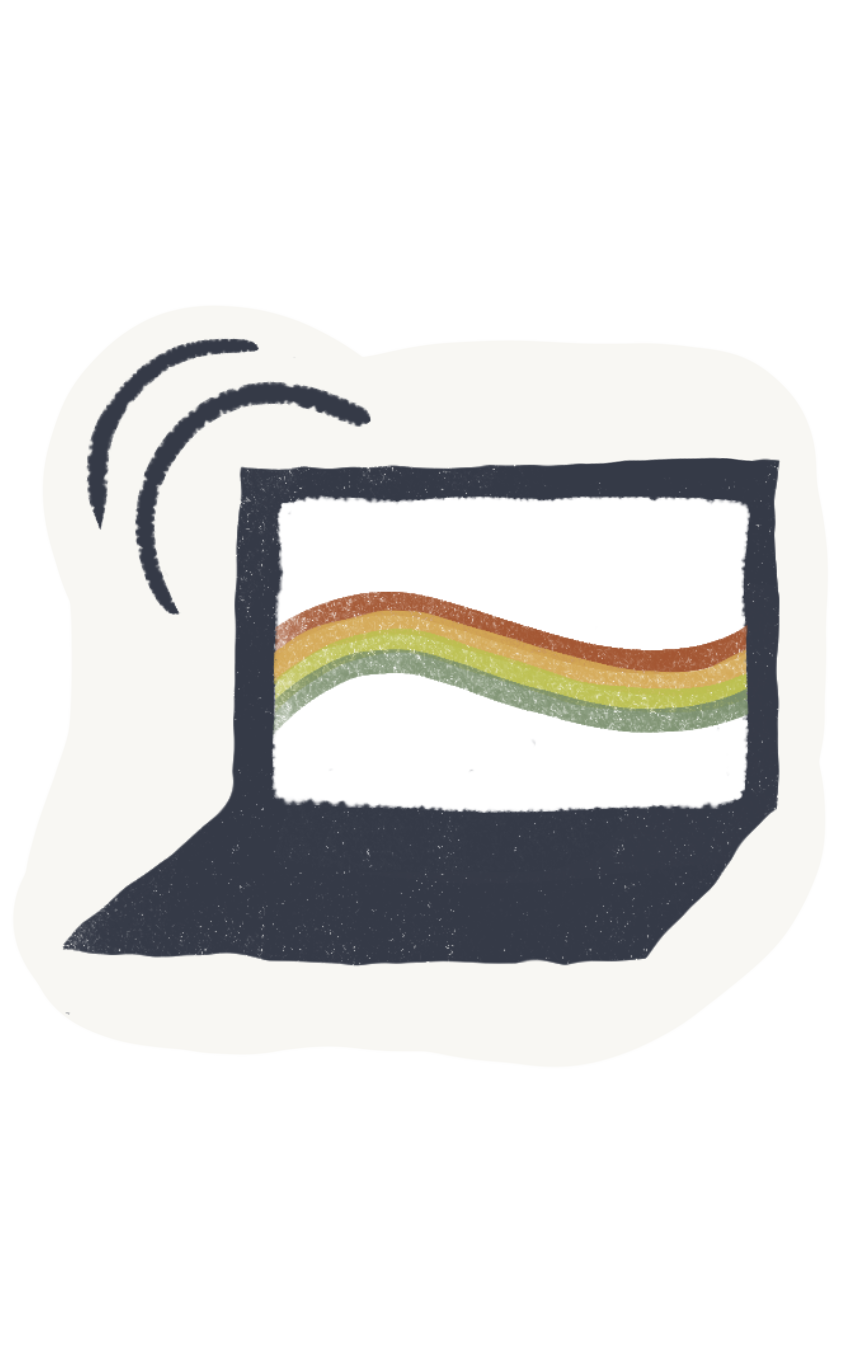 Drawing of a computer monitor displaying a rainbow with red, orange, yellow, and green arcs.