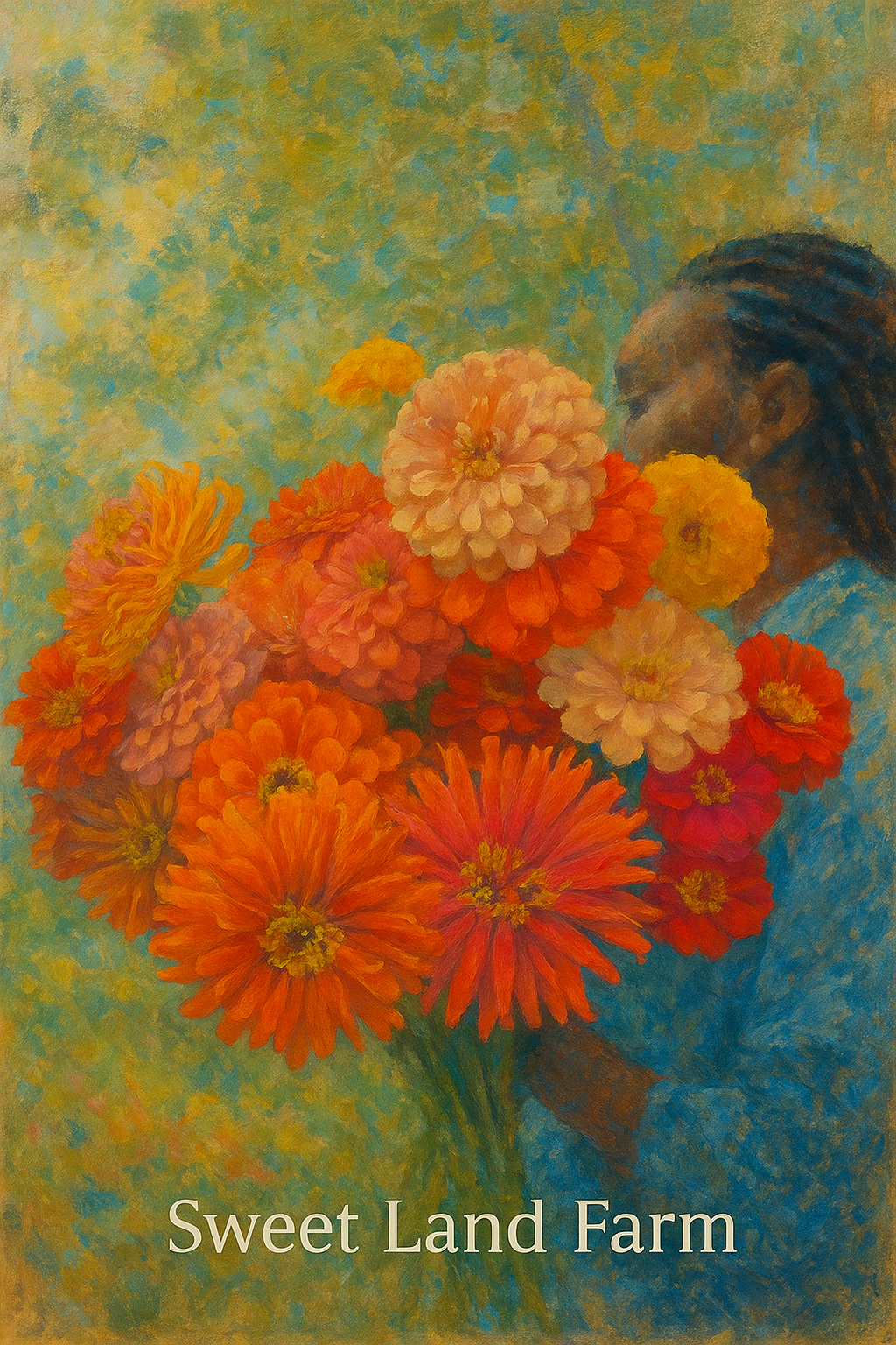 A painting of a person with dreadlocks holding a bouquet of large orange, yellow, and pink flowers against a colorful, textured background. The words "Sweet Land Farm" are written at the bottom.