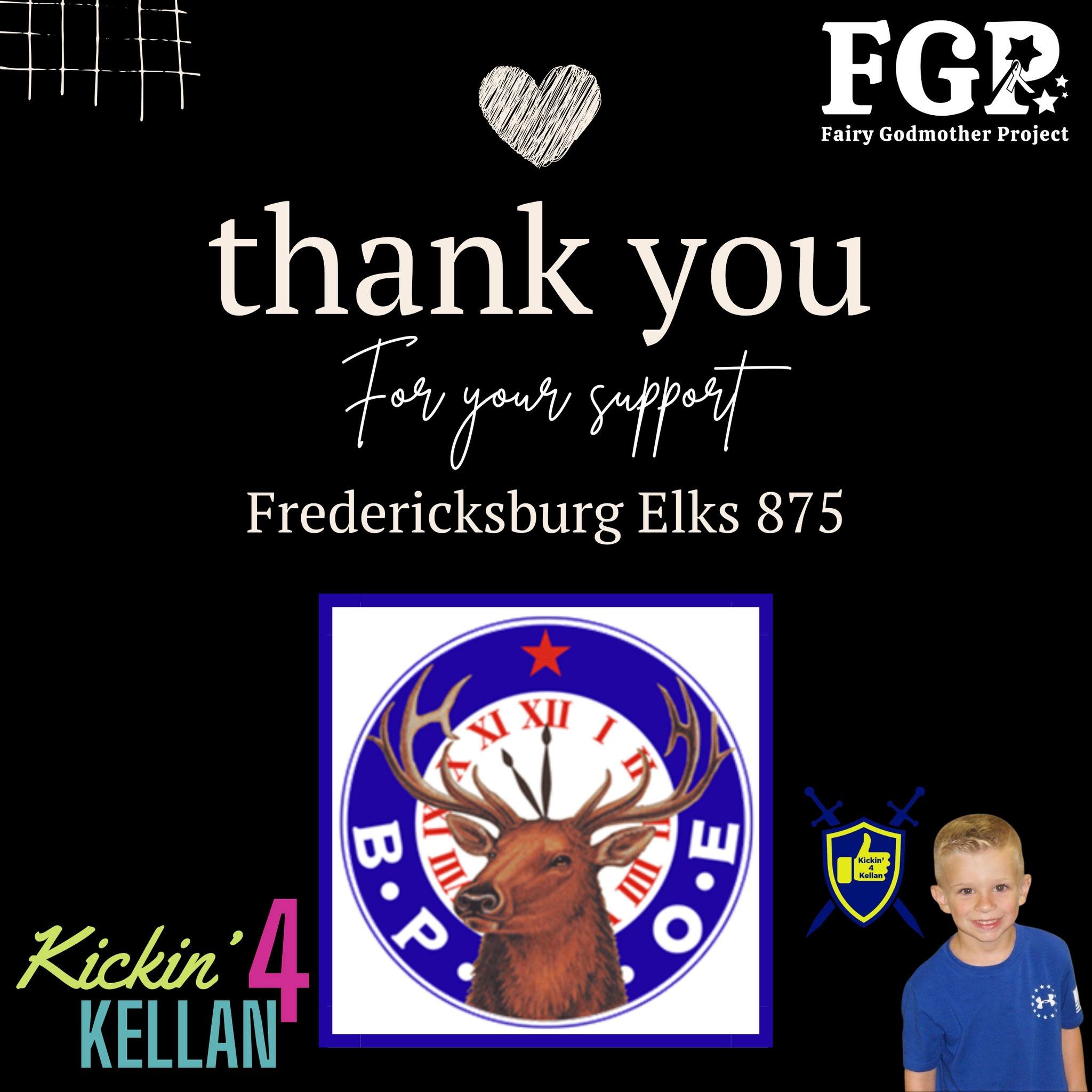 Thank you to Fredericksburg Elks 875 for sponsoring the 2025 Kickin' 4 Kellan Family Fun Run! We are so grateful for your donation and the opportunity to partner with you to support local childhood cancer families! 💛