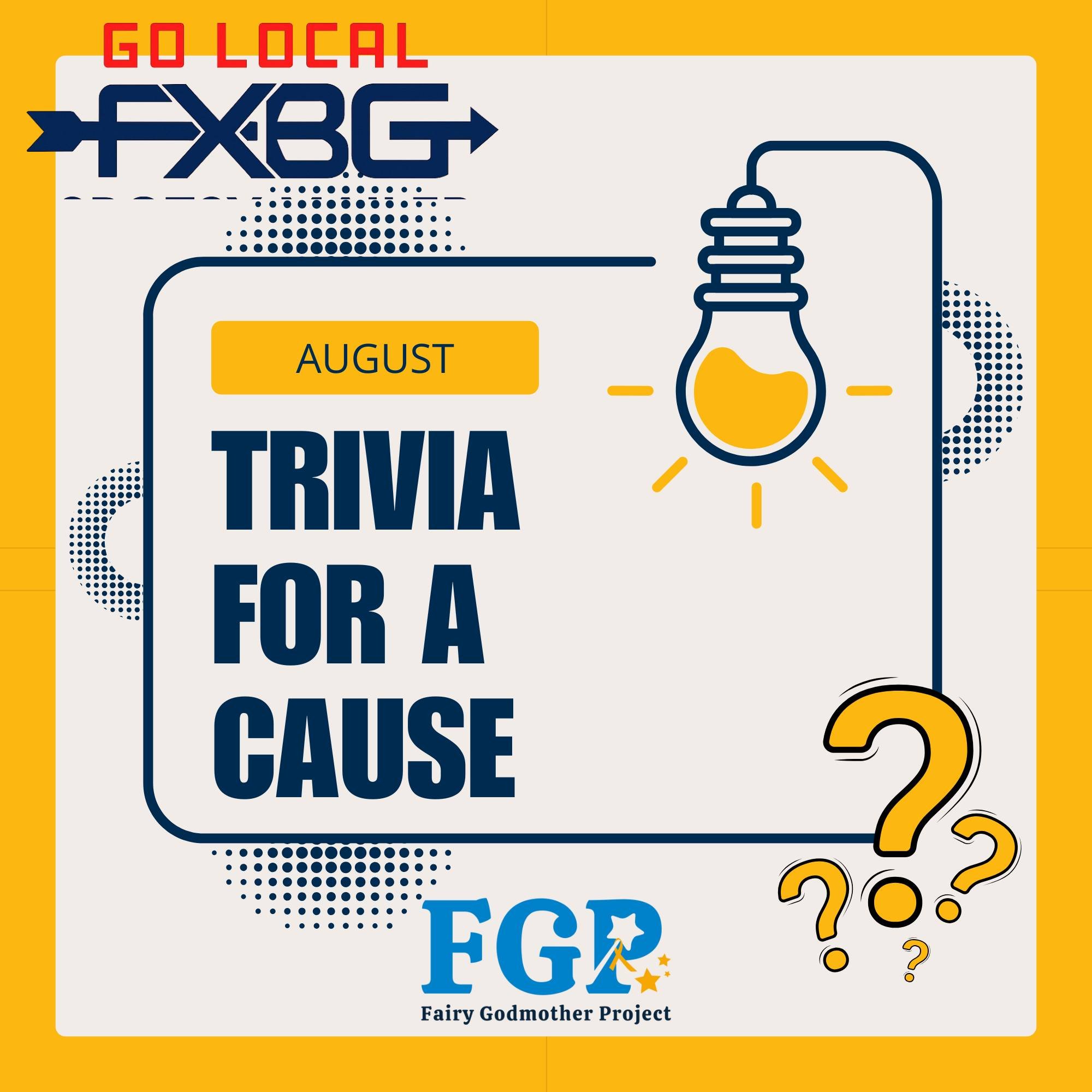 FGP is excited to be the beneficiary for Go Local FXBG's August Trivia For A Cause! August 7, 14, 21, &amp; 28 at Courtyard Marriott from 6-8pm 

Get ready to test your knowledge across a variety of fun and challenging topics!
⭐️Live DJ-hosted trivia