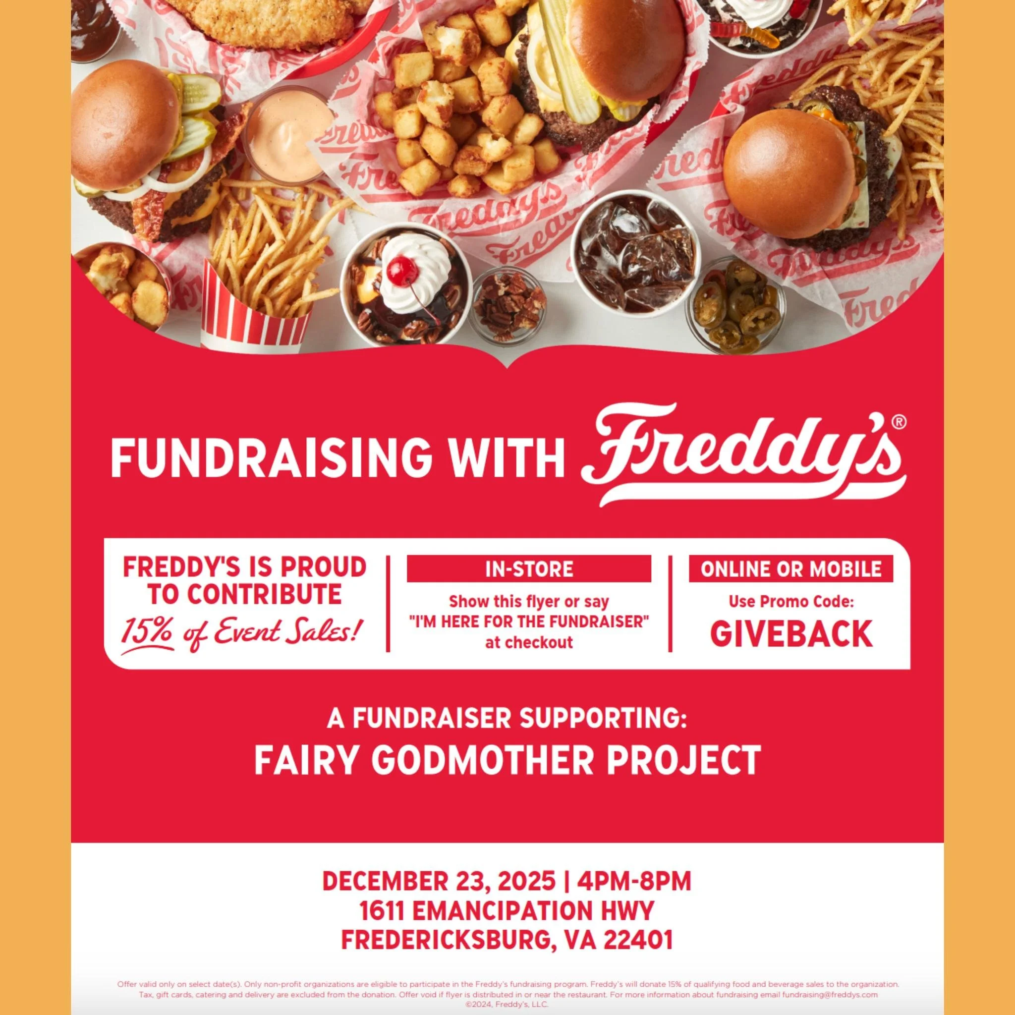 While you're out shopping on December 23rd, stop by Freddy's Frozen Custard &amp; Steakburgers for some delicious food and support FGP at the same time! You can order in store or online/mobile!