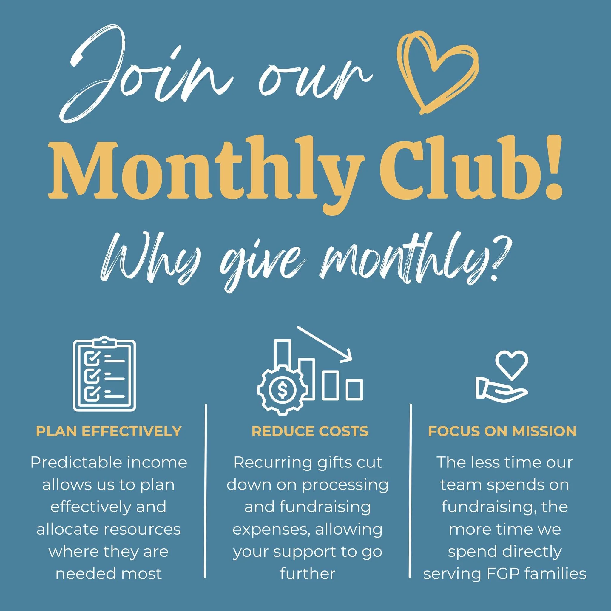 Our monthly donors are so special to us! They help us plan ahead, reduce costs, and stay focused on what matters most: supporting FGP families. Join our monthly club! www.fgpinfo.org/monthly (link in bio)