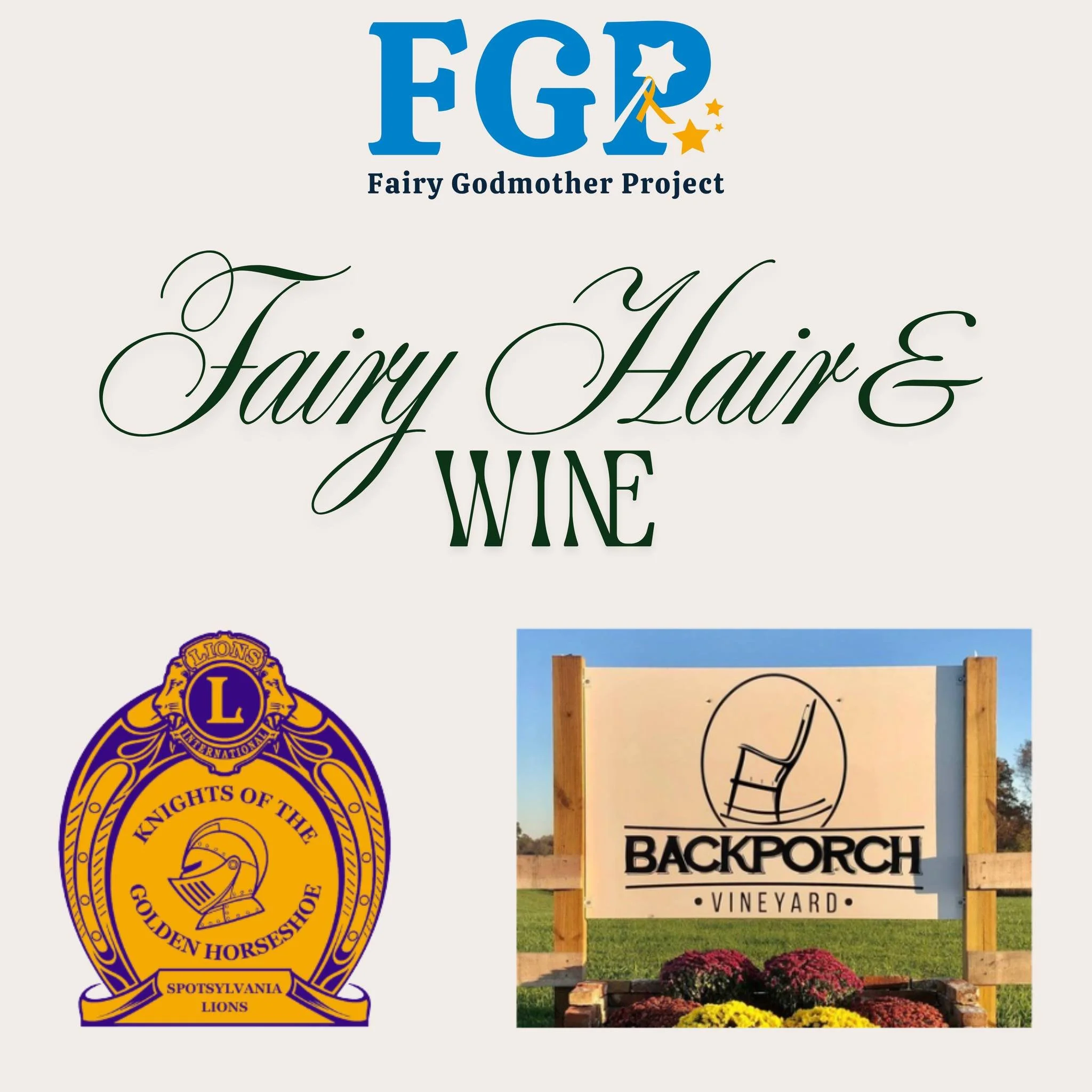 Join us at Fairy Hair &amp; Wine on February 15, from 2-5pm, sponsored by Spotsylvania Lions Club and Backporch Vineyard benefitting FGP! Get fun tinsel strands in your hair and enjoy 10% off wine and food with your ticket! Get tickets now on our web