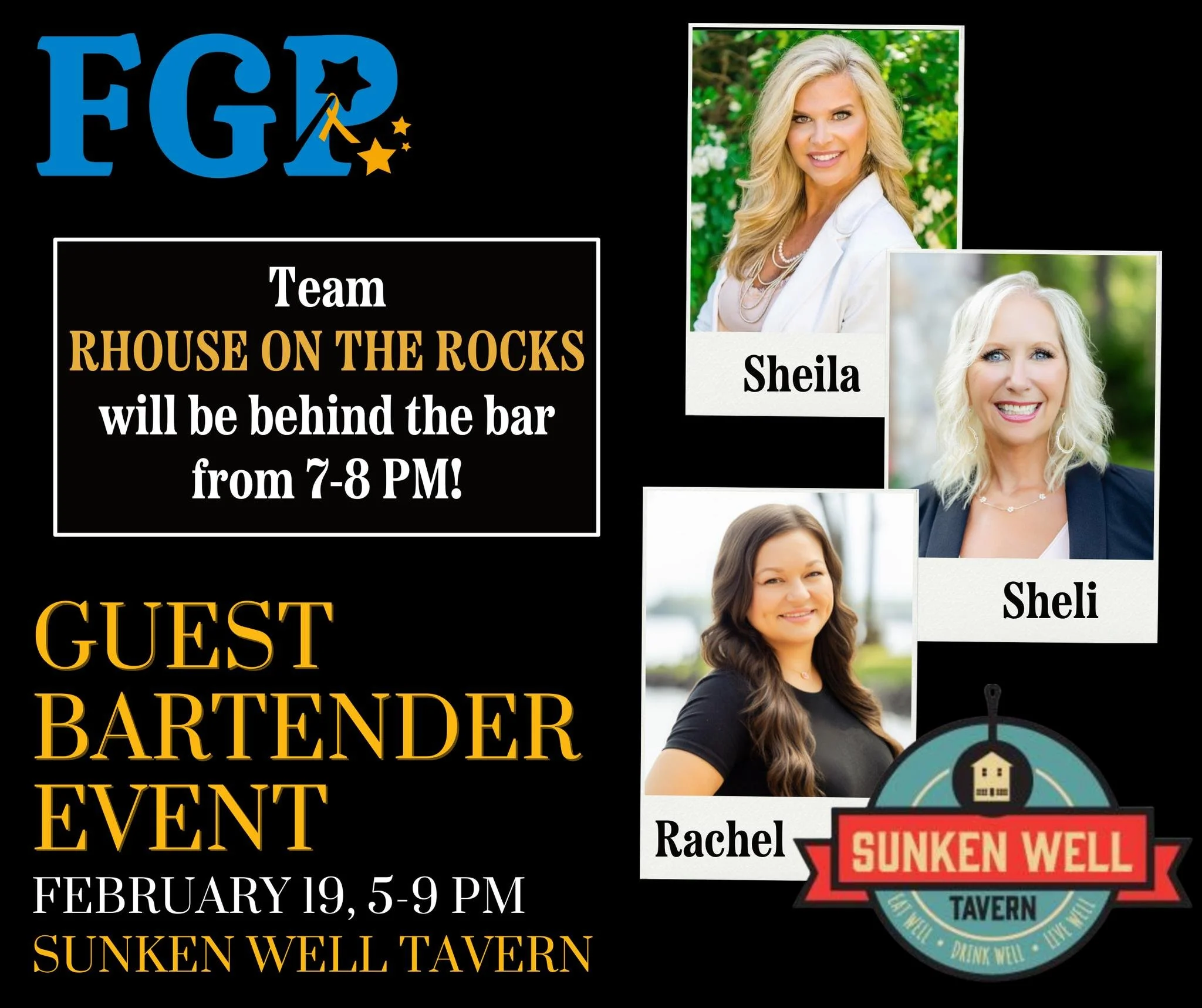 The third team competing FGP's annual Guest Bartender Event is RHOUSE ON THE ROCKS! Join us at The Sunken Well Tavern on February 19th and support Sheli Schneider, Sheila Lanier, and Rachel Thomas from 7-8pm as they serve 'em up to raise the most tip