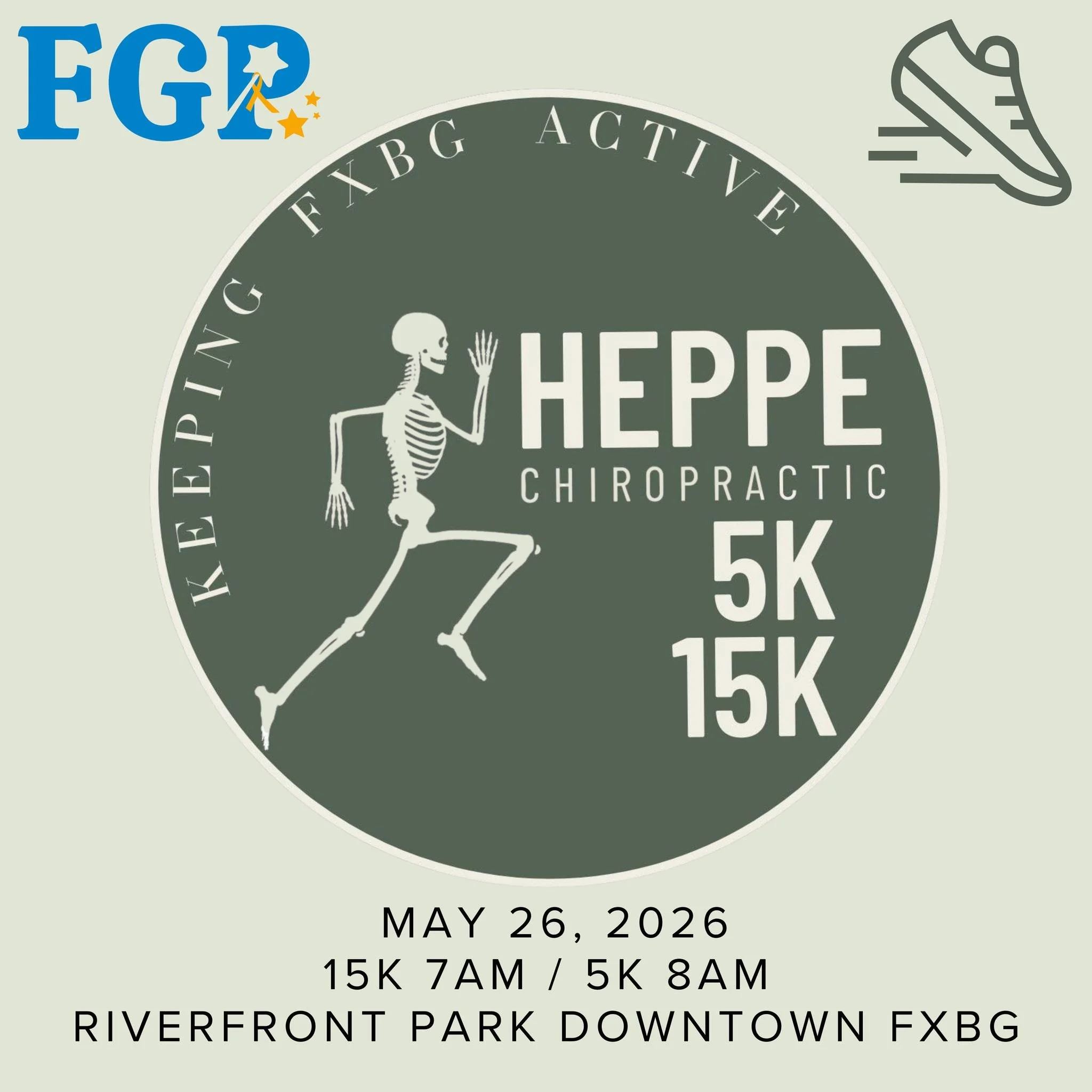 Reserve your spot for the 4th Annual Heppe 15K/5K- proceeds go to FGP this year! Enjoy a beautiful course that runs along the Rappahannock River, through the historic streets of downtown Fredericksburg, and along the Heritage Trail and Canal Path. Th