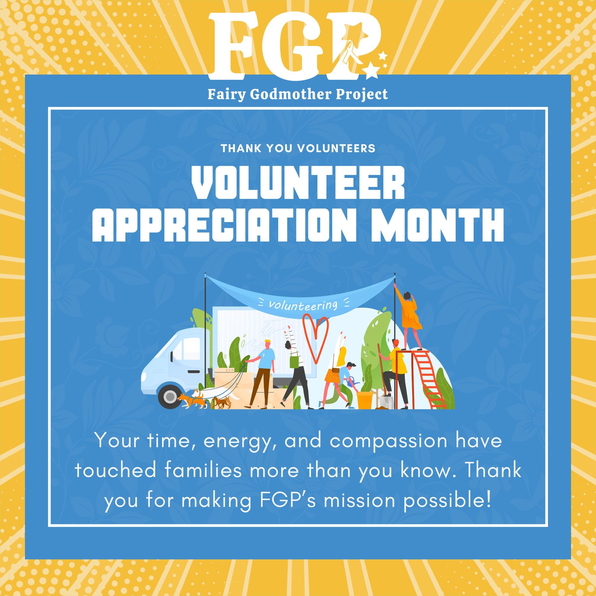 April is volunteer appreciation month and we REALLY love FGP volunteers! Here are just a few things that our volunteers do...
💛 Deliver meals, snacks, crafts, and more to FGP families' houses
💛 Perform admin tasks at the FGP office
💛 Join committe