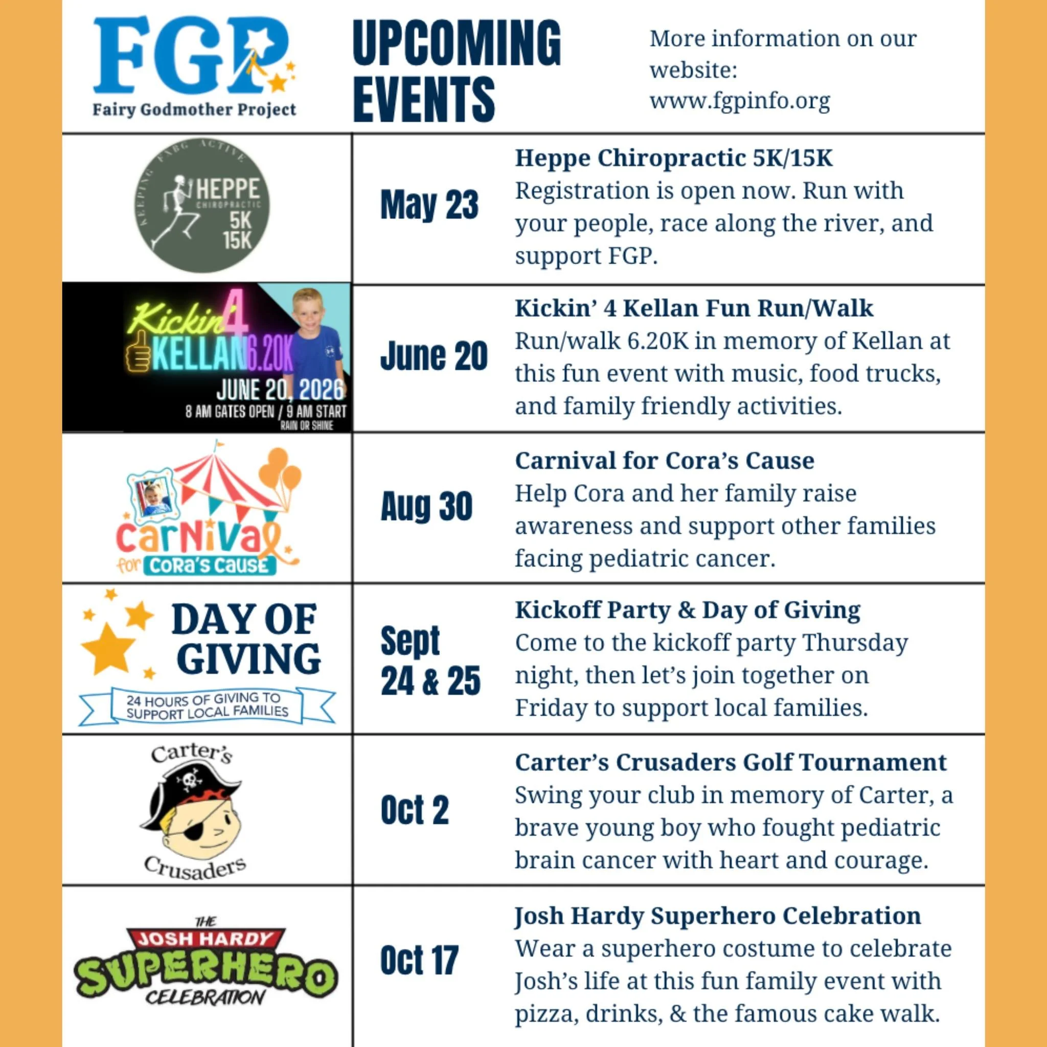 Check out these amazing events and mark your calendars! You can attend, sponsor, or volunteer- so many ways to be involved and help families in your community! Check out our website for more information and links to sign up for the Heppe and K4K even