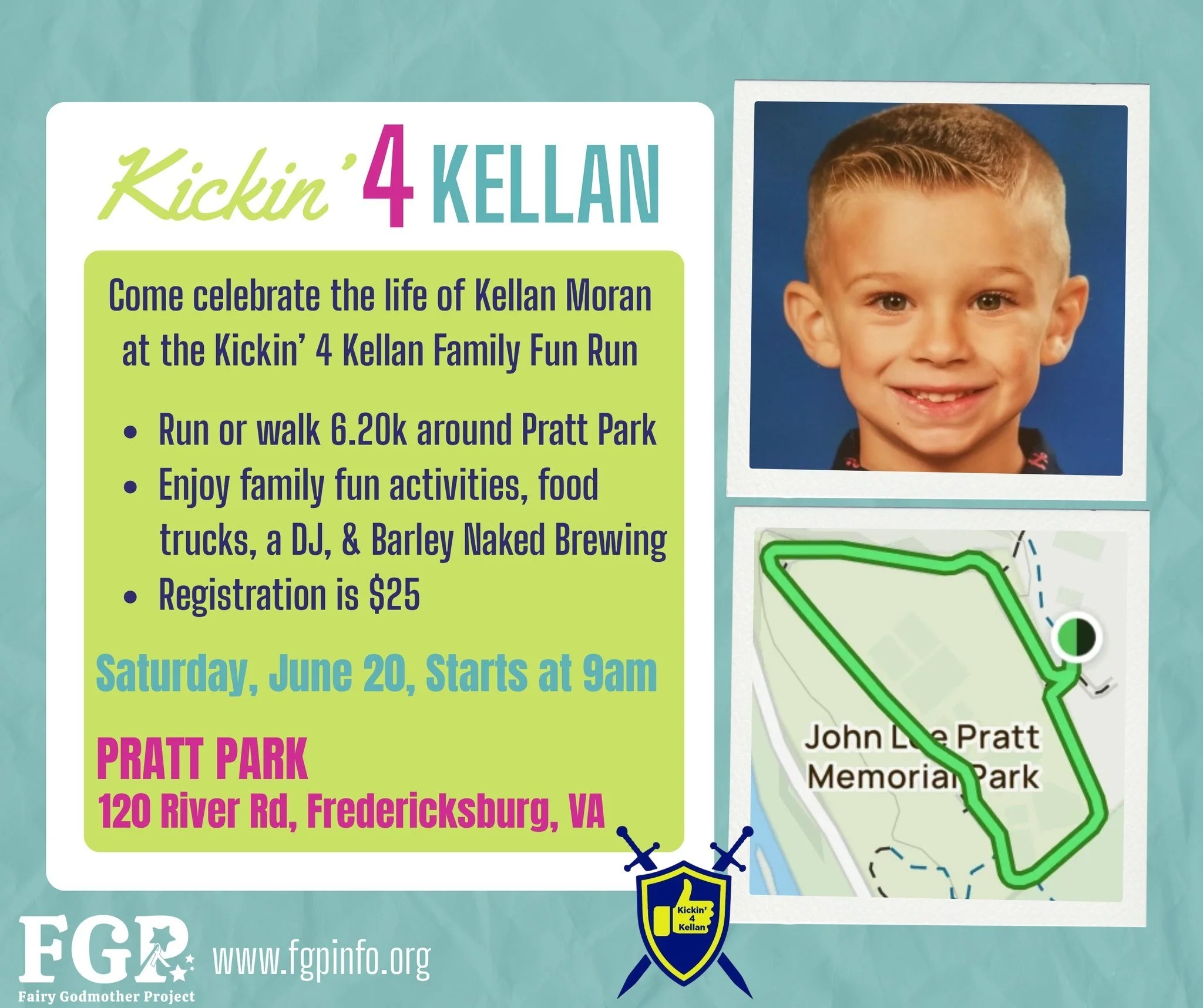 Walk or run in the Kickin&rsquo; 4 Kellan Family Fun Run to show your support for Kellan&rsquo;s family and to help other families facing pediatric cancer. Proceeds go to FGP! Join us in making a difference in our community, one step at a time! There