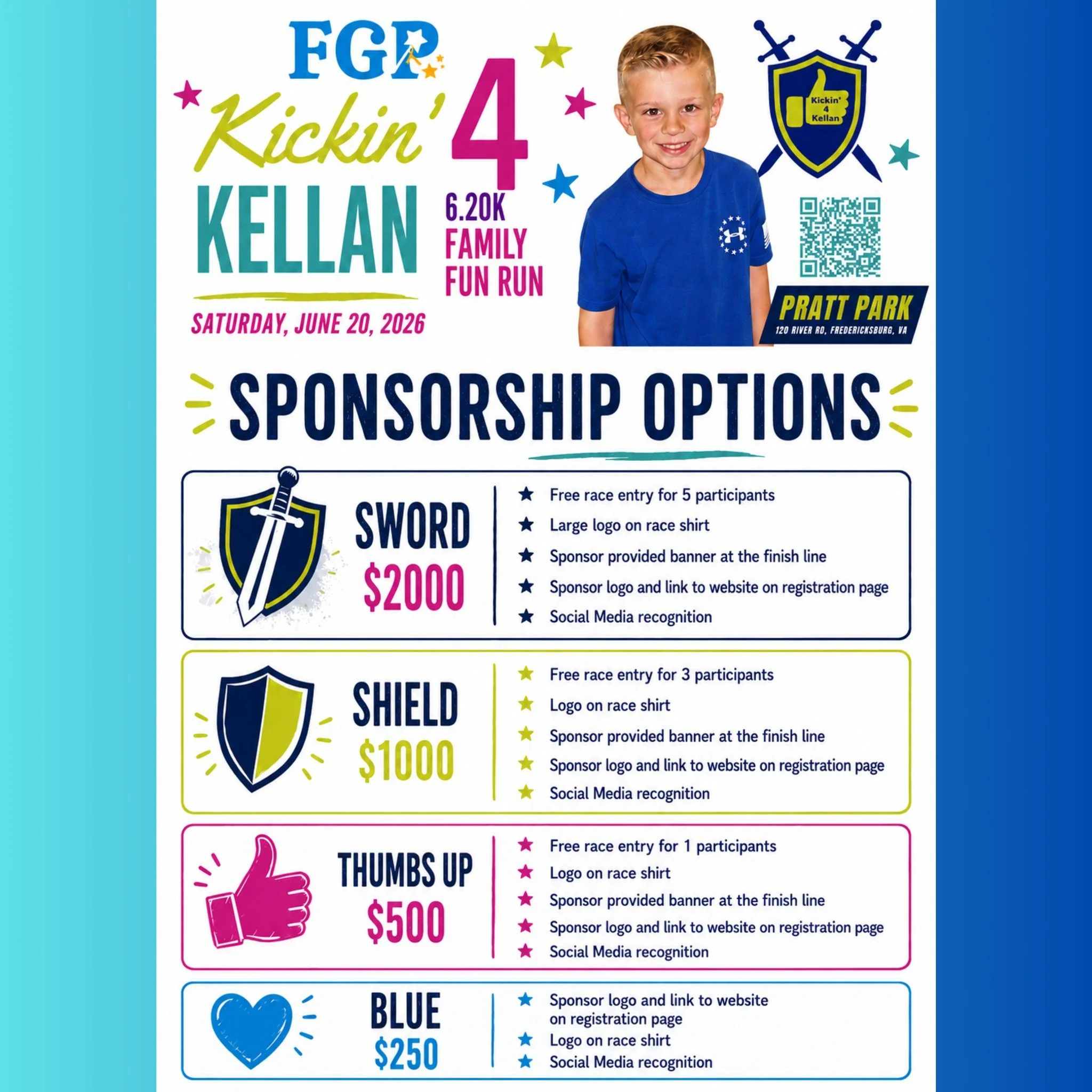 We need sponsors for this amazing event in memory of Kellan! This is the 3rd annual family run/walk on what would have been Kellan&rsquo;s 12th birthday- so it's extra special this year. Your sponsorship will help Kellan's family pull off another hea