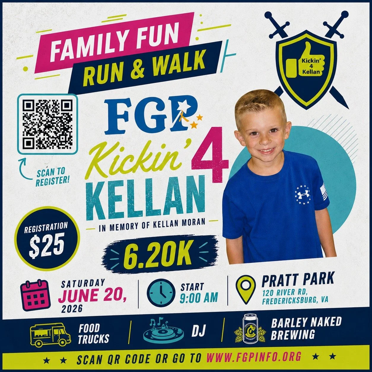 This is the last week to get the race t-shirt... so register now! This event is extra special this year, as it falls on what would've been Kellan's 12th birthday! Support his family and FGP by signing up to fun or walk, bring family/friends, eat and 