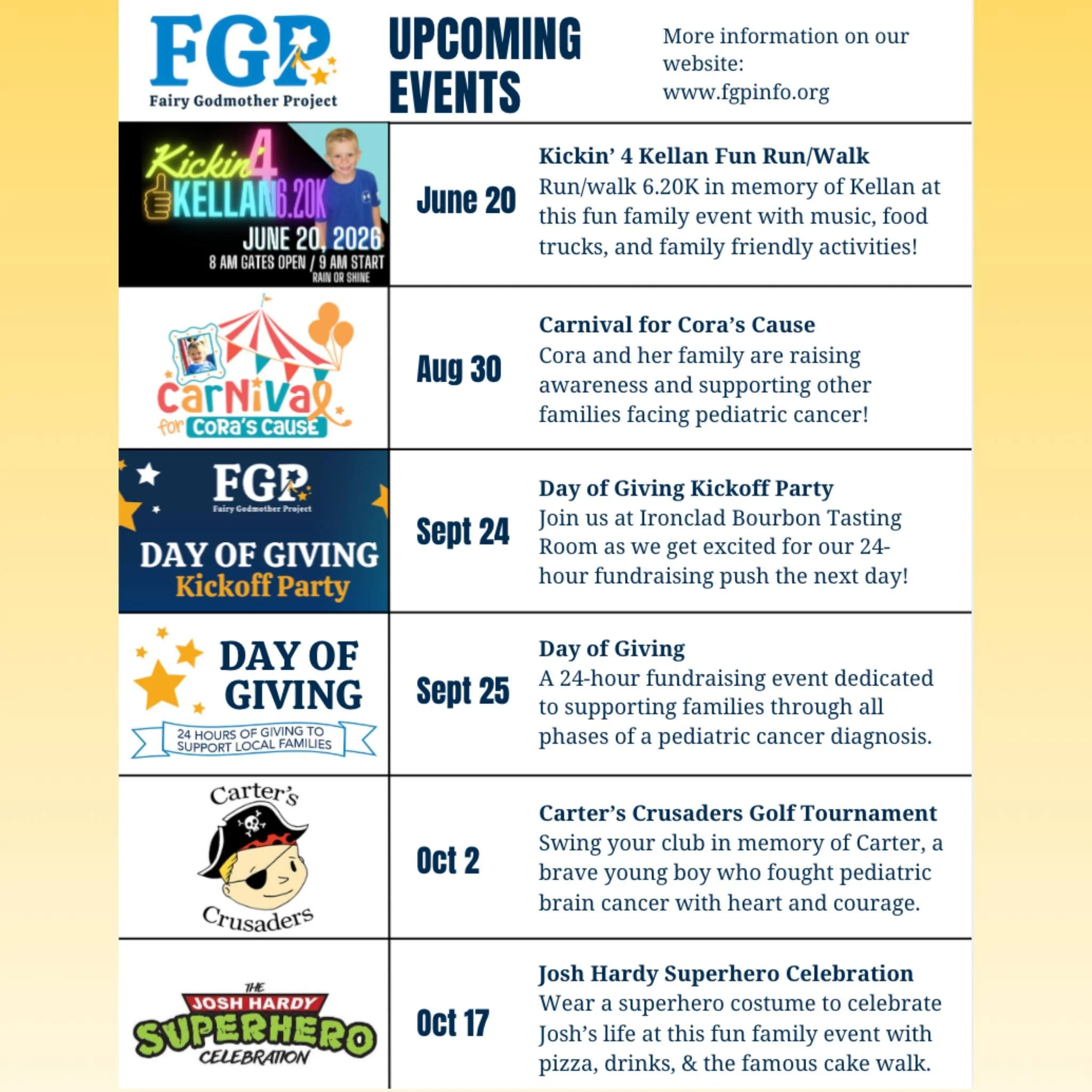 The rest of the year is packed with fun and meaningful events! Mark your calendars- you can attend, volunteer, or even be a sponsor! Learn more on our website! 💛
