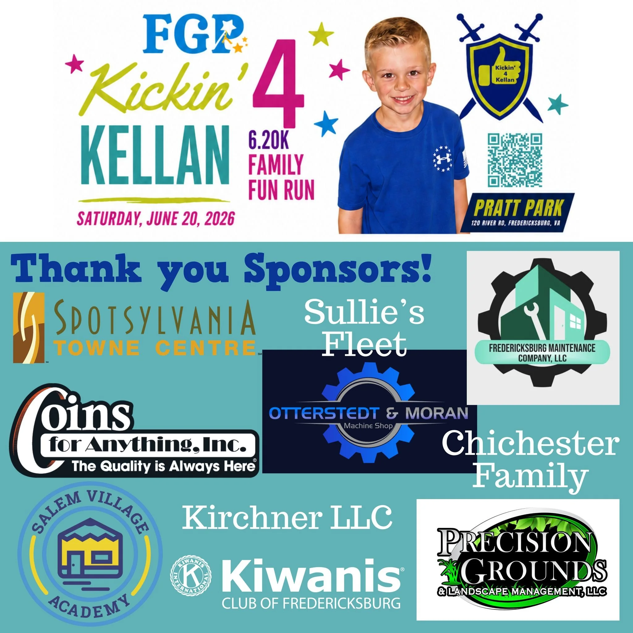 We are so grateful for our Kickin' 4 Kellan Family Fun Run sponsors for making this amazing event possible! Register through our website to join in on the fun! 👟

Spotsylvania Towne Centre 
Coins For Anything - Custom Challenge Coins 
Kiwanis of Fre
