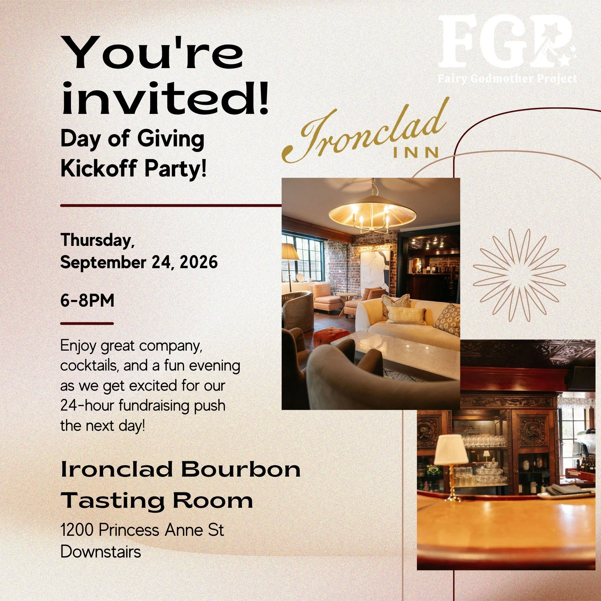 Join us for our Day of Giving Kickoff Party for a fun night out, to connect with other supporters, and help us build excitement for our big Day of Giving Friday! Bring a friend or introduce someone to FGP! 

Wear gold/yellow for Childhood Cancer Awar
