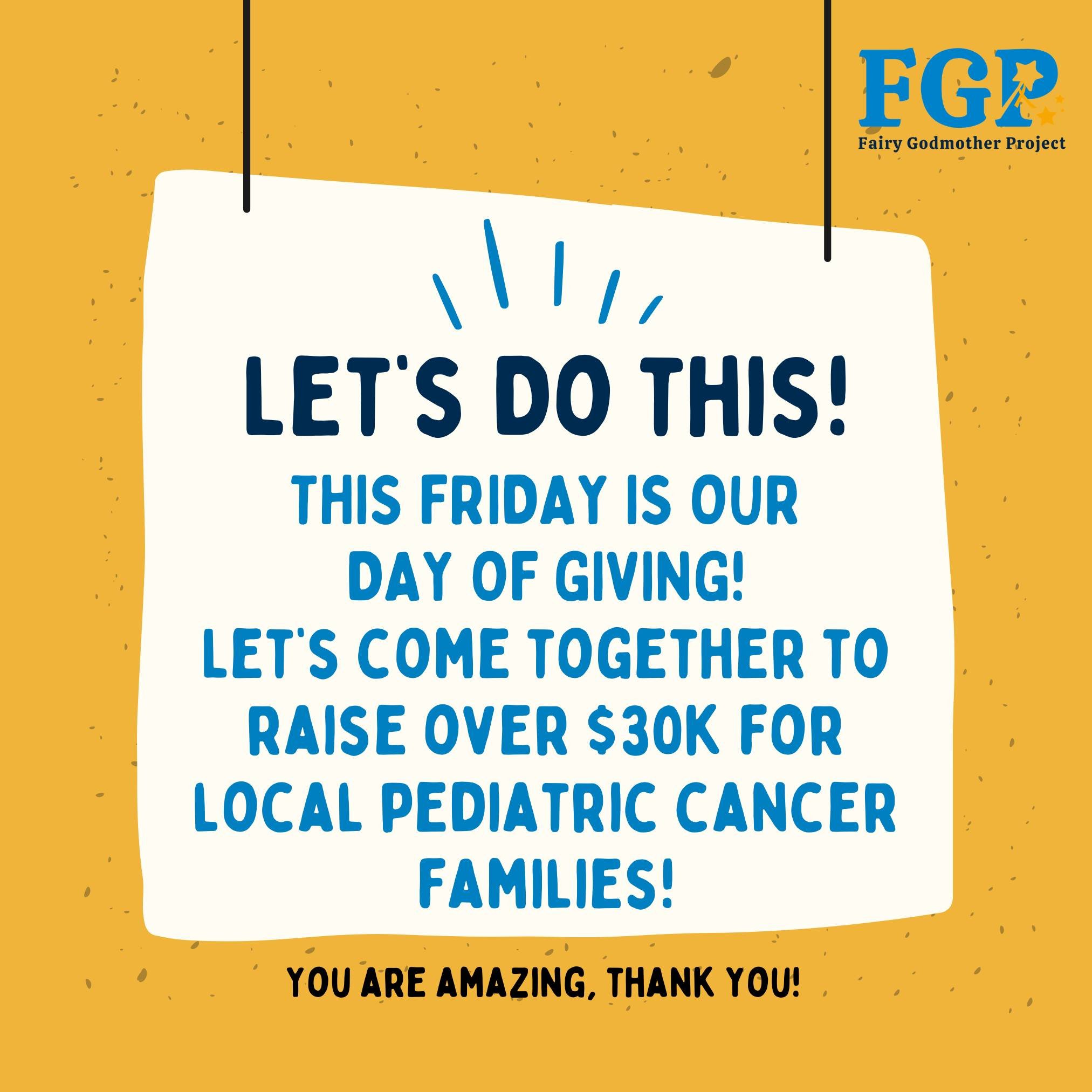 FGP Day of Giving is almost here! Throughout the day on Friday, donations will support different programs and services for FGP families:

8&ndash;10 AM: Gas gift cards
10&ndash;11 AM: Family Services
11 AM&ndash;12 PM: Groceries
12&ndash;2 PM: Lily F