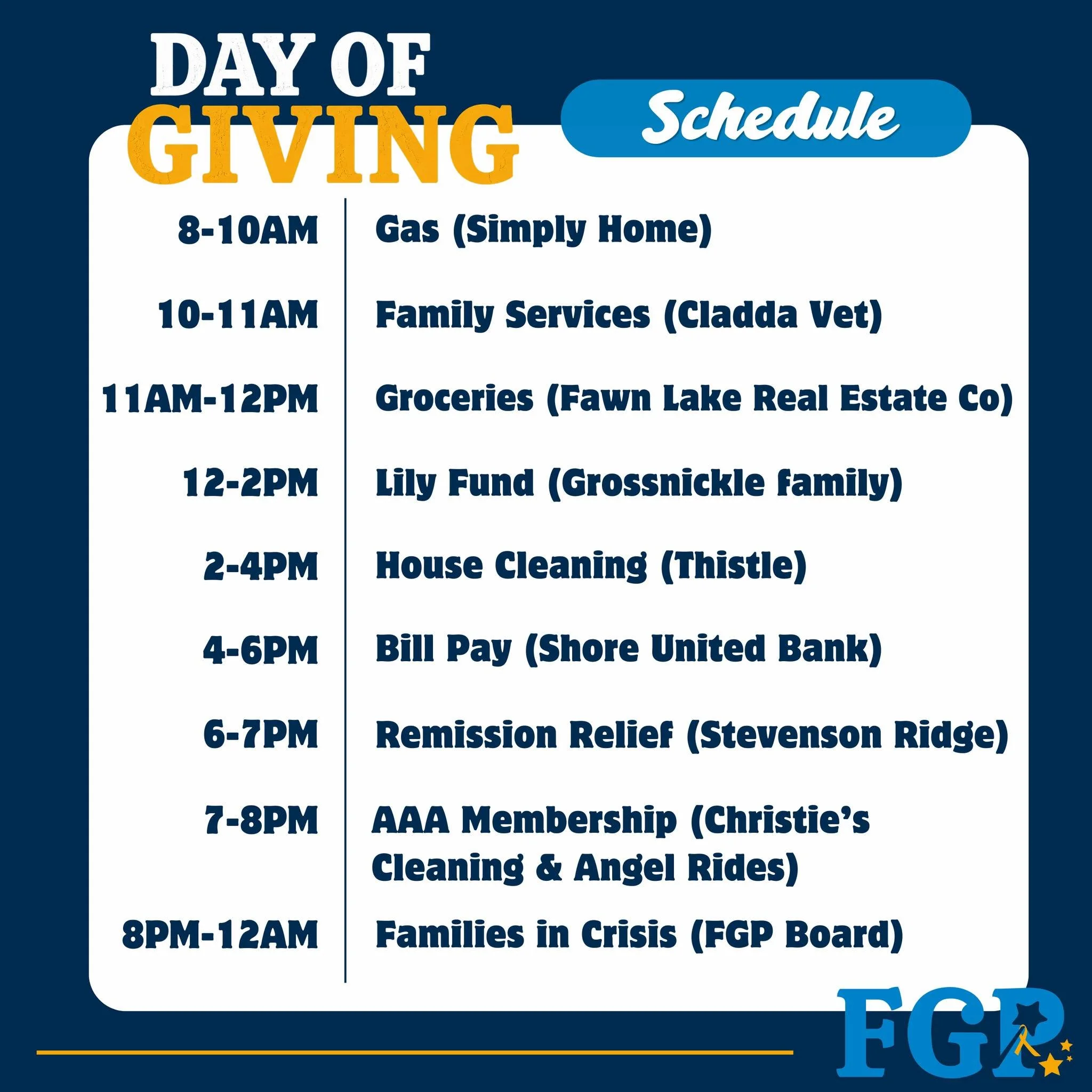 Check out this sneak peek of our schedule tomorrow for FGP's Day of Giving! If a particular program means something to you, make note of what time to donate! Know a match donor? Contribute during their hour to help meet that match! Otherwise, donate 