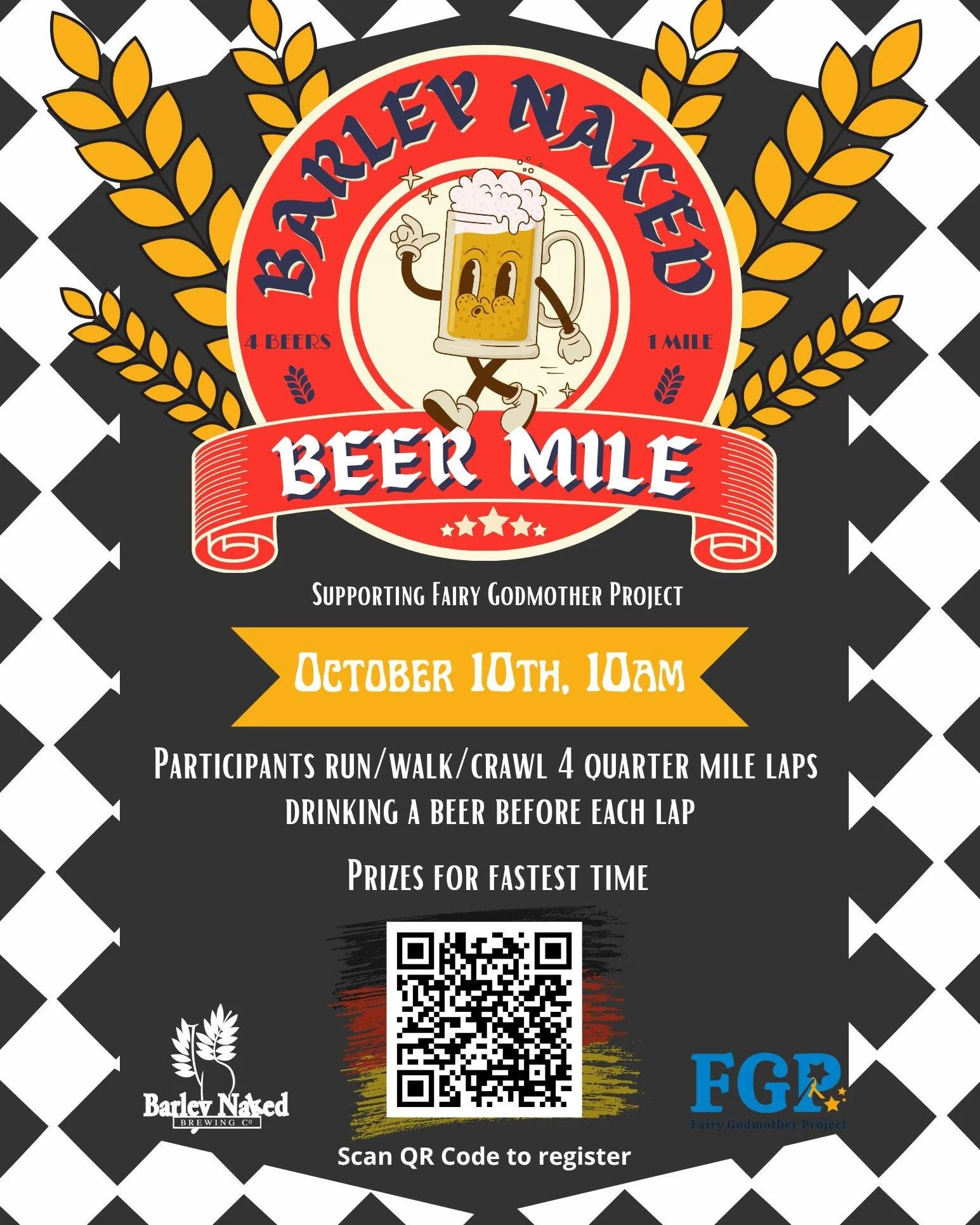 Sign up for the Barley Naked Beer Mile today! This fun event at Barley Naked Brewing Company is less than two weeks away! We only have a few shirts left, so sign up now to snag one!

Run/walk one mile, drinking a beer every 1/4 mile and then stay for