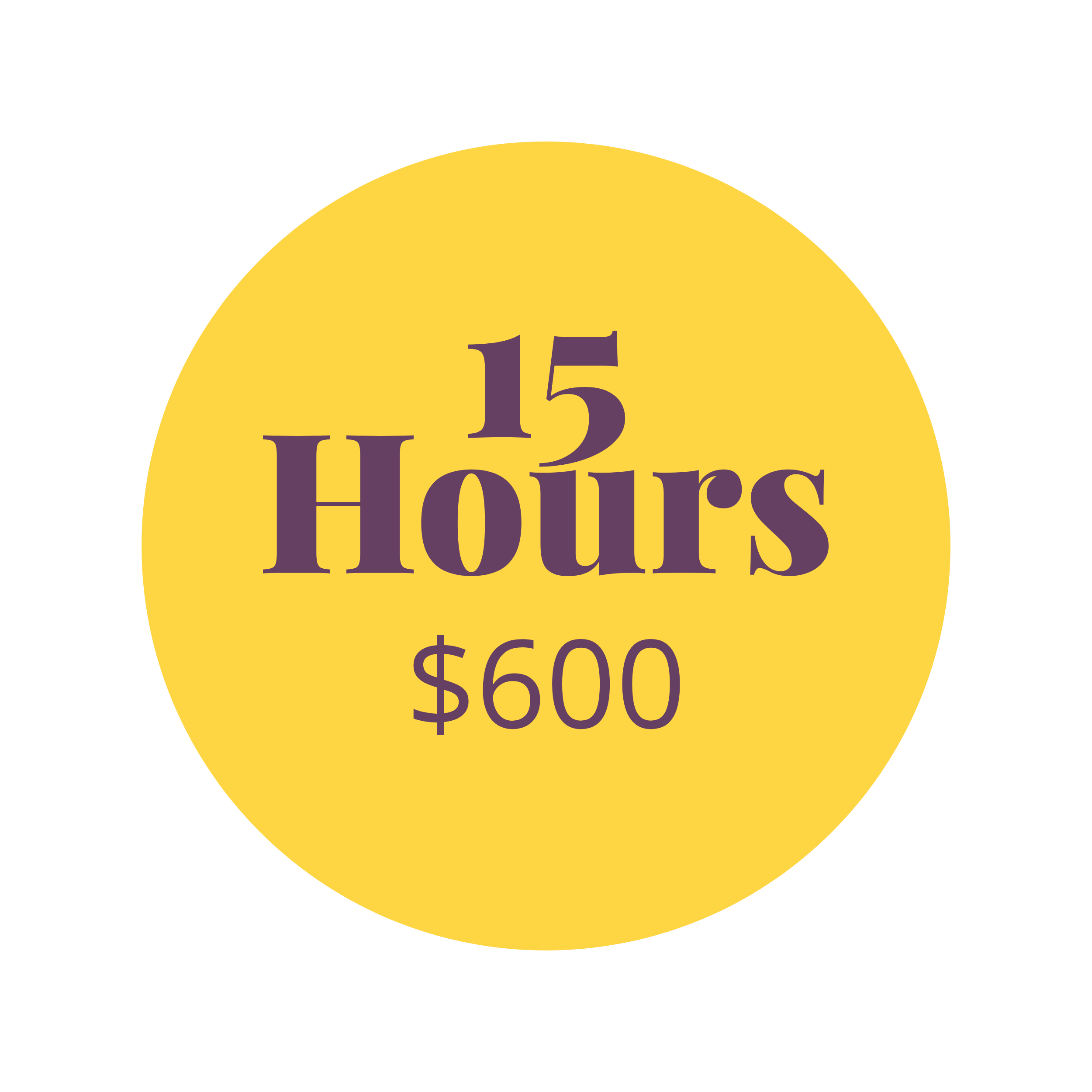 Yellow circle with purple text "15 Hours $600" monthly package for virtual assistant systems specialist support.