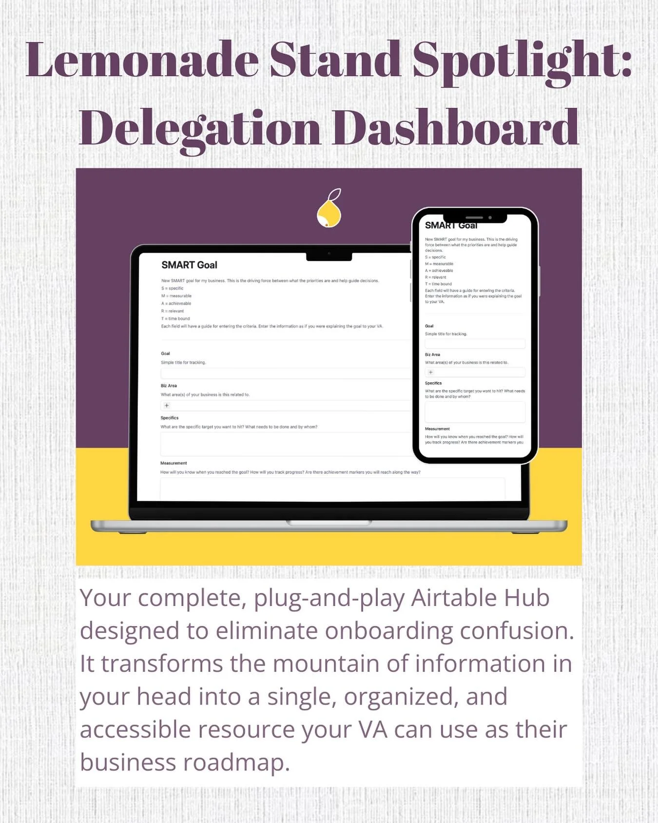 Shining the spotlight on our Lemonade Stand! 

Our customizable Airtable template is ideal for small business owners looking to get everything out of their brain and in one cohesive space. Perfect for preparing to bring in support to take tasks off y
