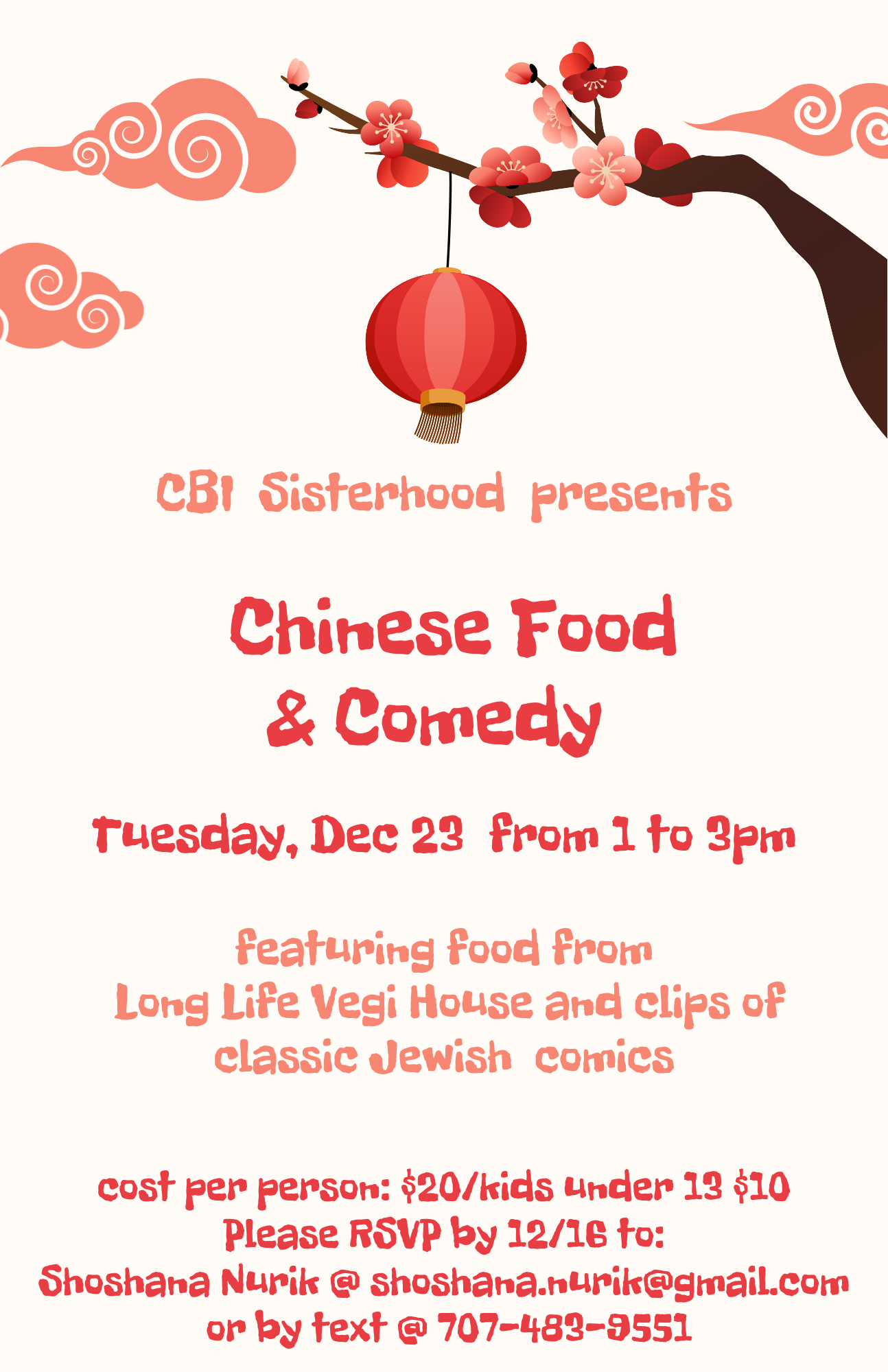 In Person and Virtual CBI Sisterhood meeting: Chinese food &amp; Comedy