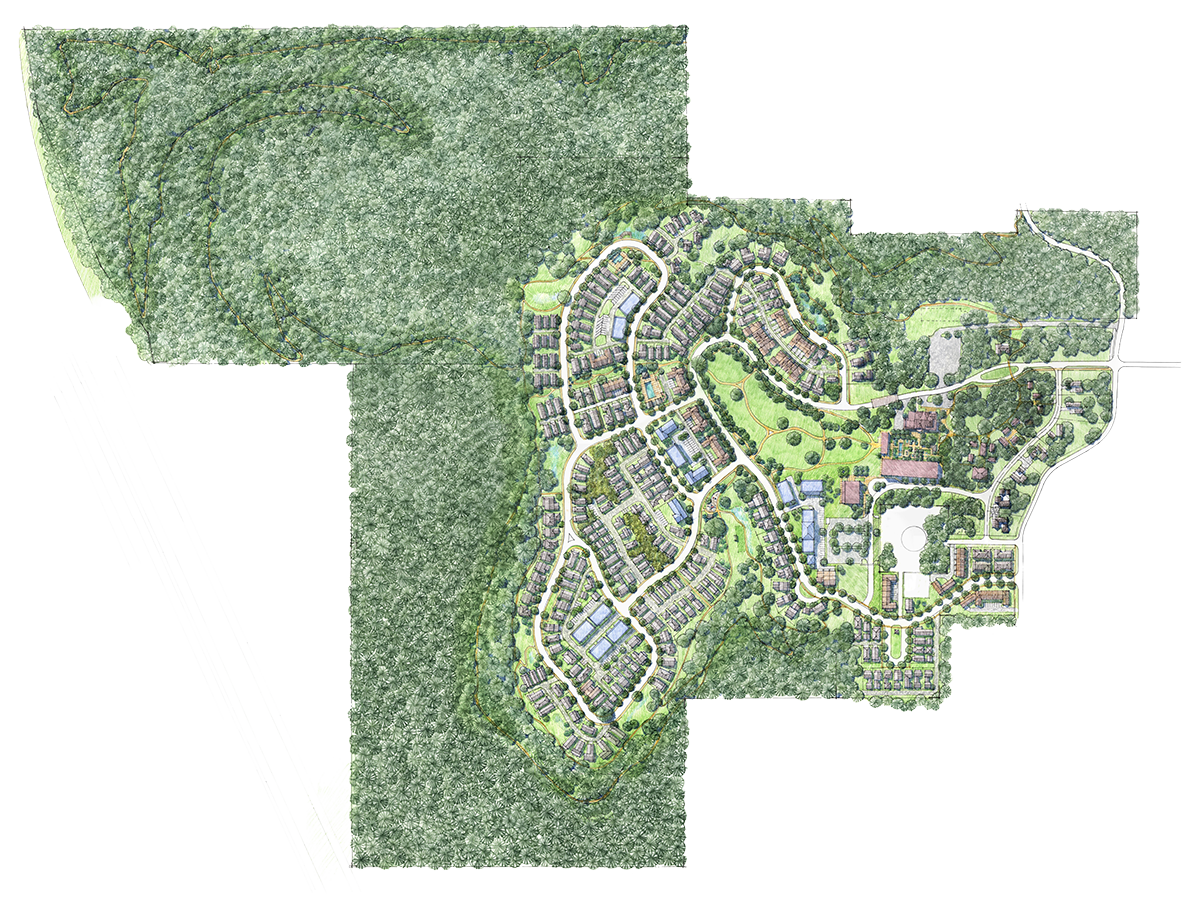 A detailed residential development map surrounded by greenery and forested areas, showing streets, houses, green spaces, a tennis court, and community facilities.