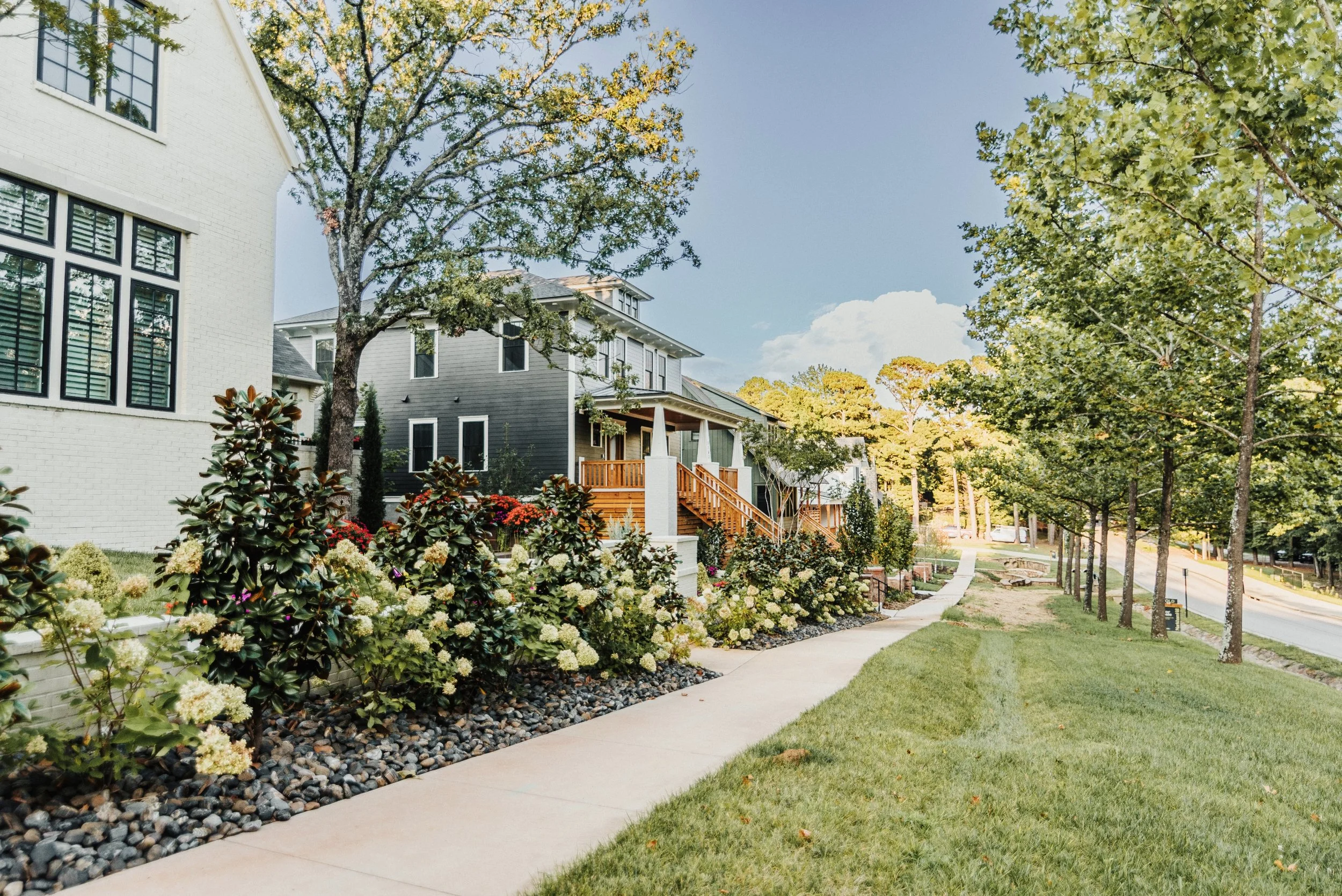 A residential neighborhood with a sidewalk, well-maintained grass, blooming bush plants, and trees lining the street. There are multiple houses, one with a staircase leading to the porch, and a bright blue sky with some clouds.