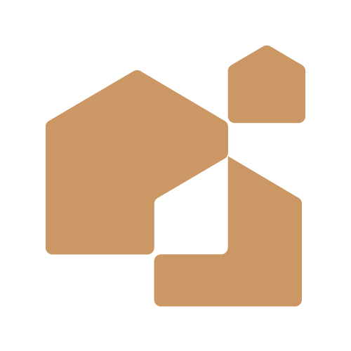 Five interconnected beige geometric shapes resembling stylized buildings or blocks on a black background.