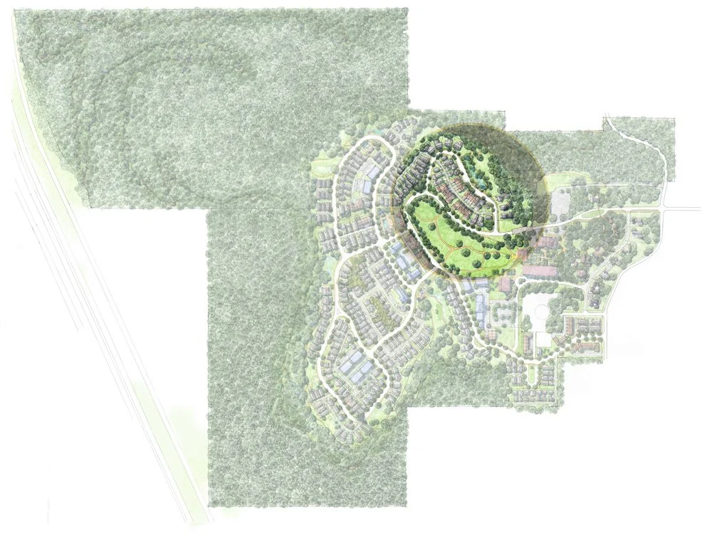 An illustrated master plan of a residential community with green spaces, roads, and housing developments surrounded by wooded areas.