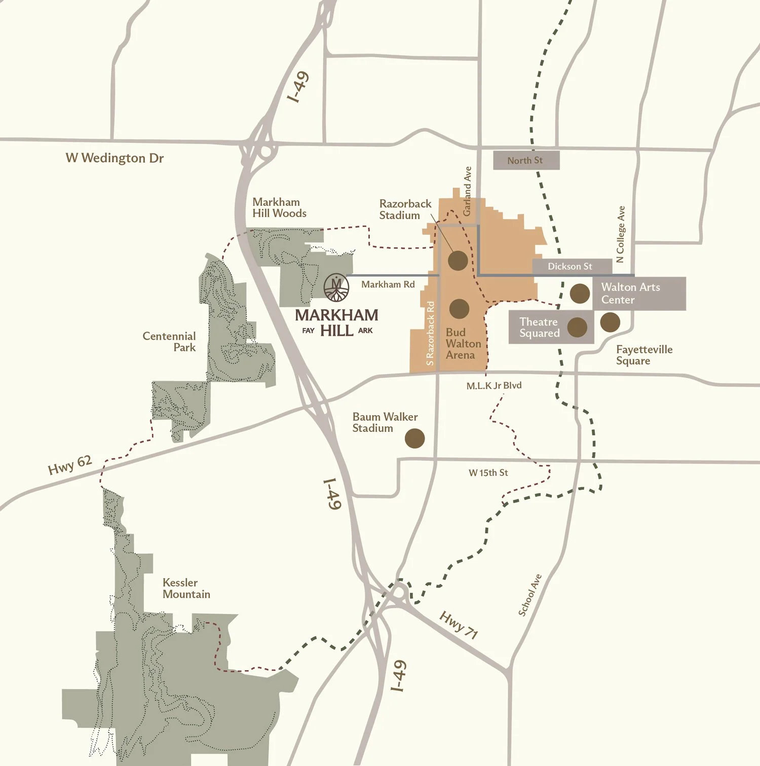 Map of Markham Hill area showing streets, parks, stadiums, and notable locations, including Markham Hill Woods, Centennial Park, Razorback Stadium, and Fayetteville Square.