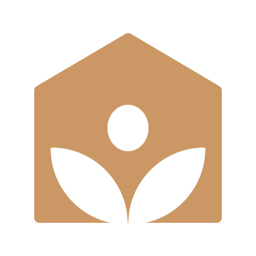 A cardboard tag with a black house-shaped outline, featuring a black circle and two leaf shapes inside.