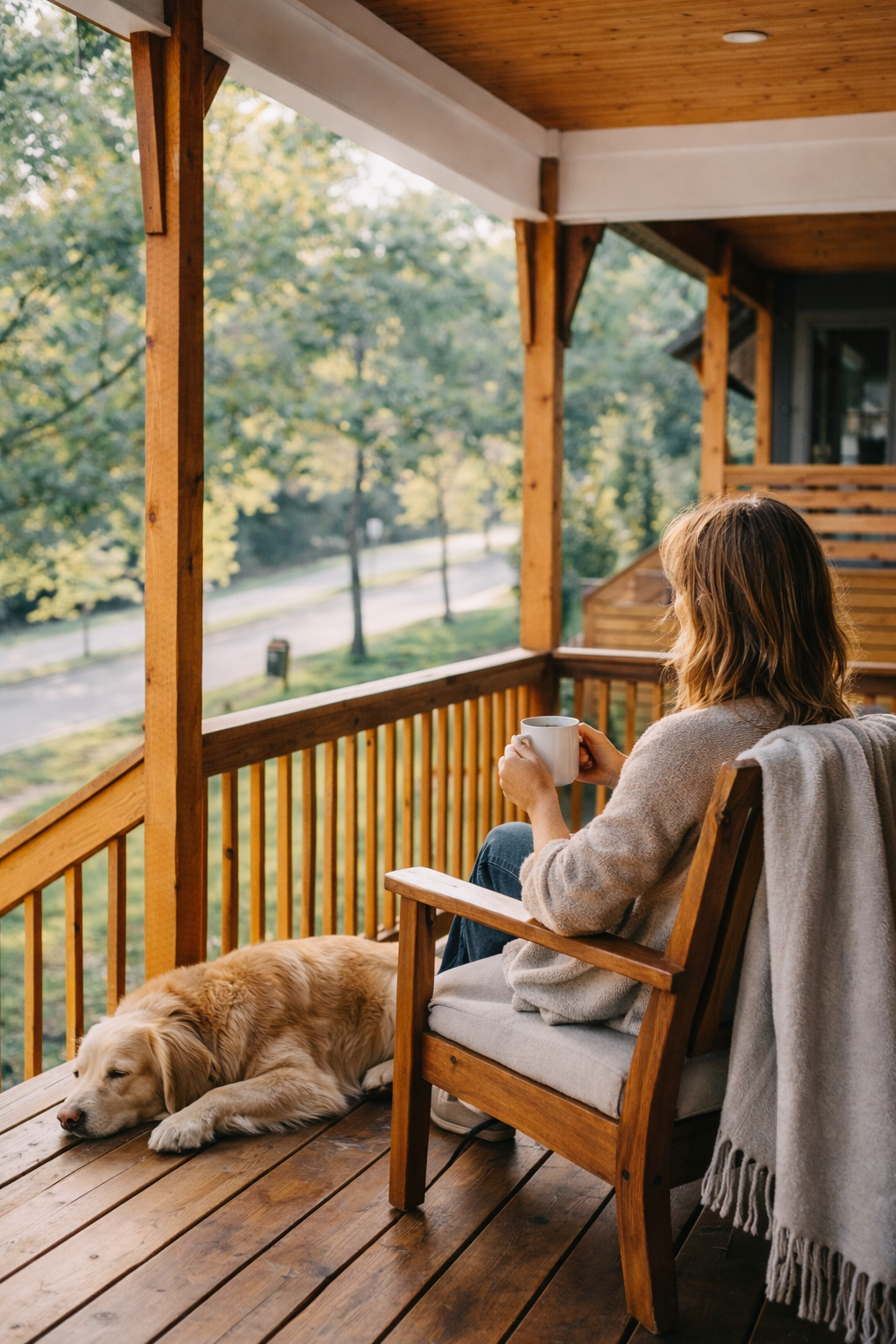 A woman with shoulder-length hair sitting on a wooden porch, holding a white mug, with a sleeping golden retriever lying on the wooden floor nearby. The porch has wooden railings and posts, and the background features a lush, green, tree-lined street.