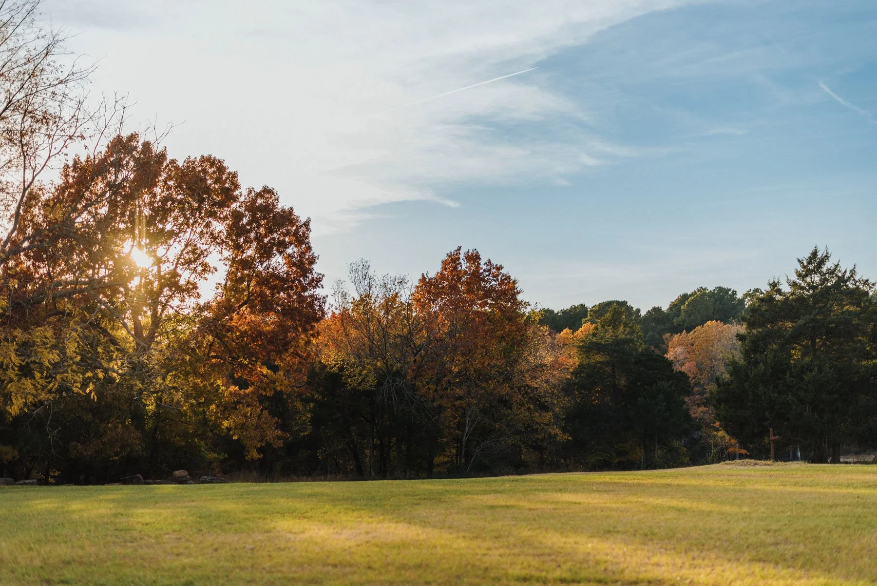 A scenic landscape of a park with vibrant fall foliage trees and a clear sky with a sun partially hidden behind the trees.