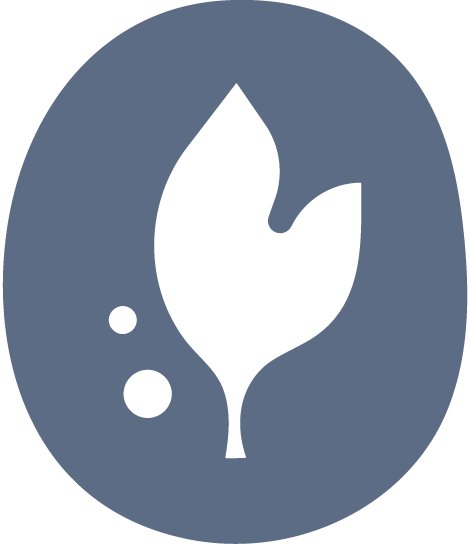 Stylized leaf emblem with water drops inside, on a circular background