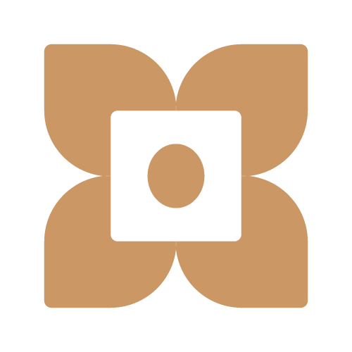A stylized logo featuring a brown flower with four petals surrounding a black square with a brown circle in the center.