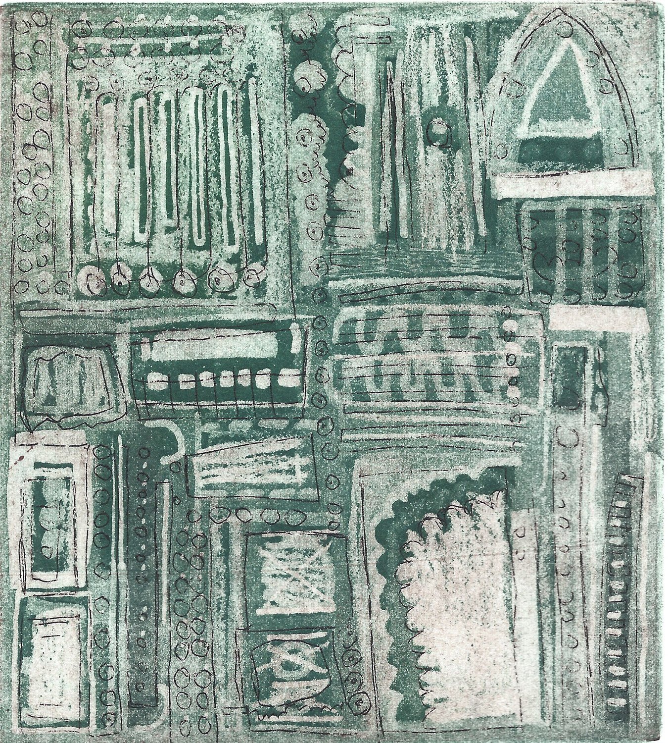 "Diagram Architecture IV". 2024. Copper plate etching with aquatint. 5.01825" x 5.25. 