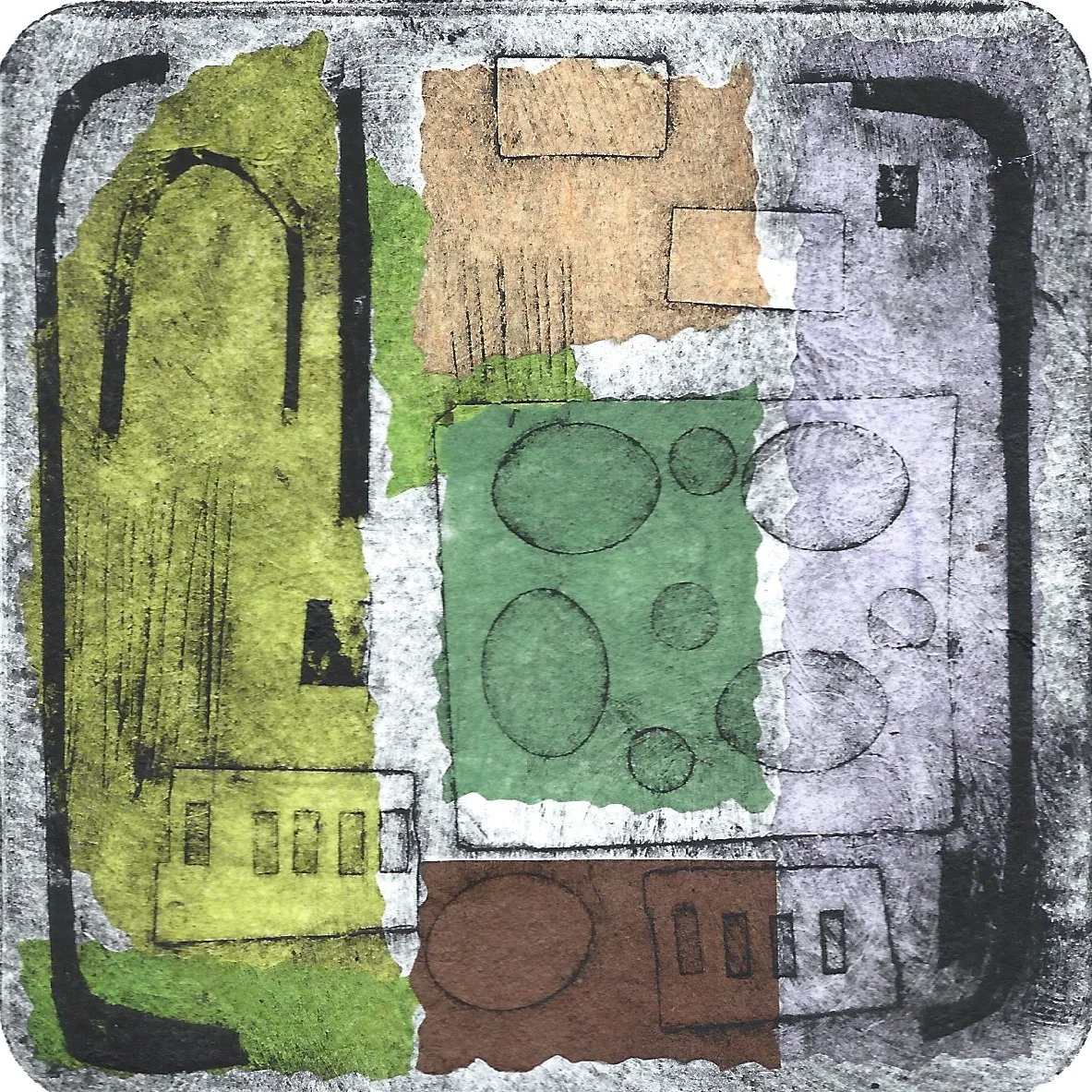 "Surburbs#2". Collagraph with Chine Colle'. Print size: 4" x 4". Paper size: 8" x 8". 2026. 