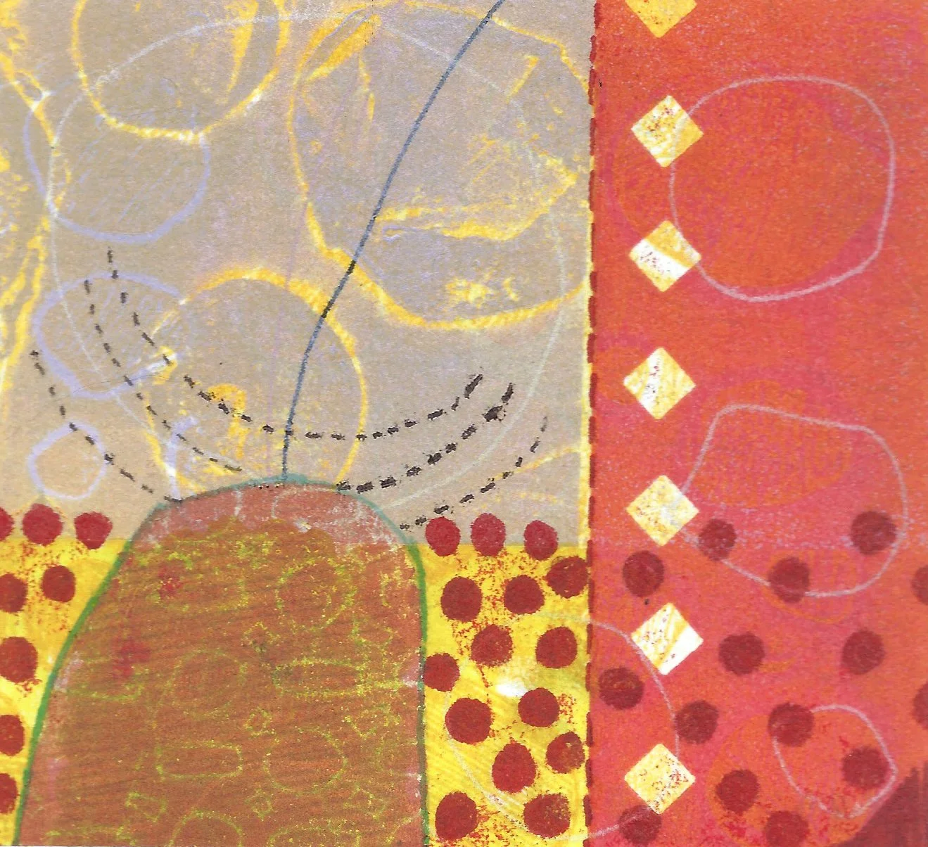 "With Purpose". Print size: 4" x 4.4375". Paper size: 10" X 10.4375". Monoprint, trace monoptype, stencils, collagraph, chine colle. 2026.  