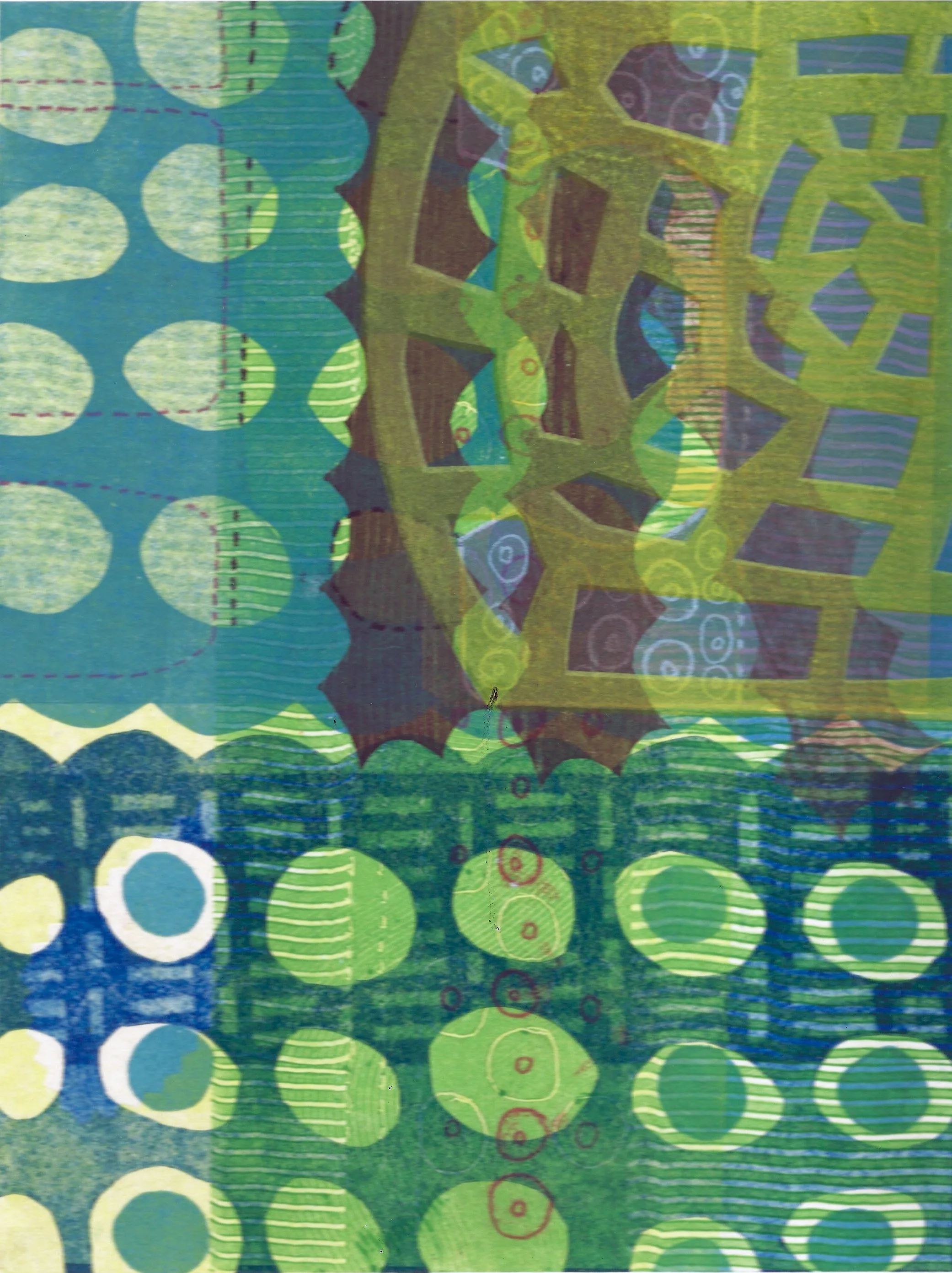 "Green Paradise". Print size: 9.25" X 7". Monoprint, trace monotype, stencils. 2026.