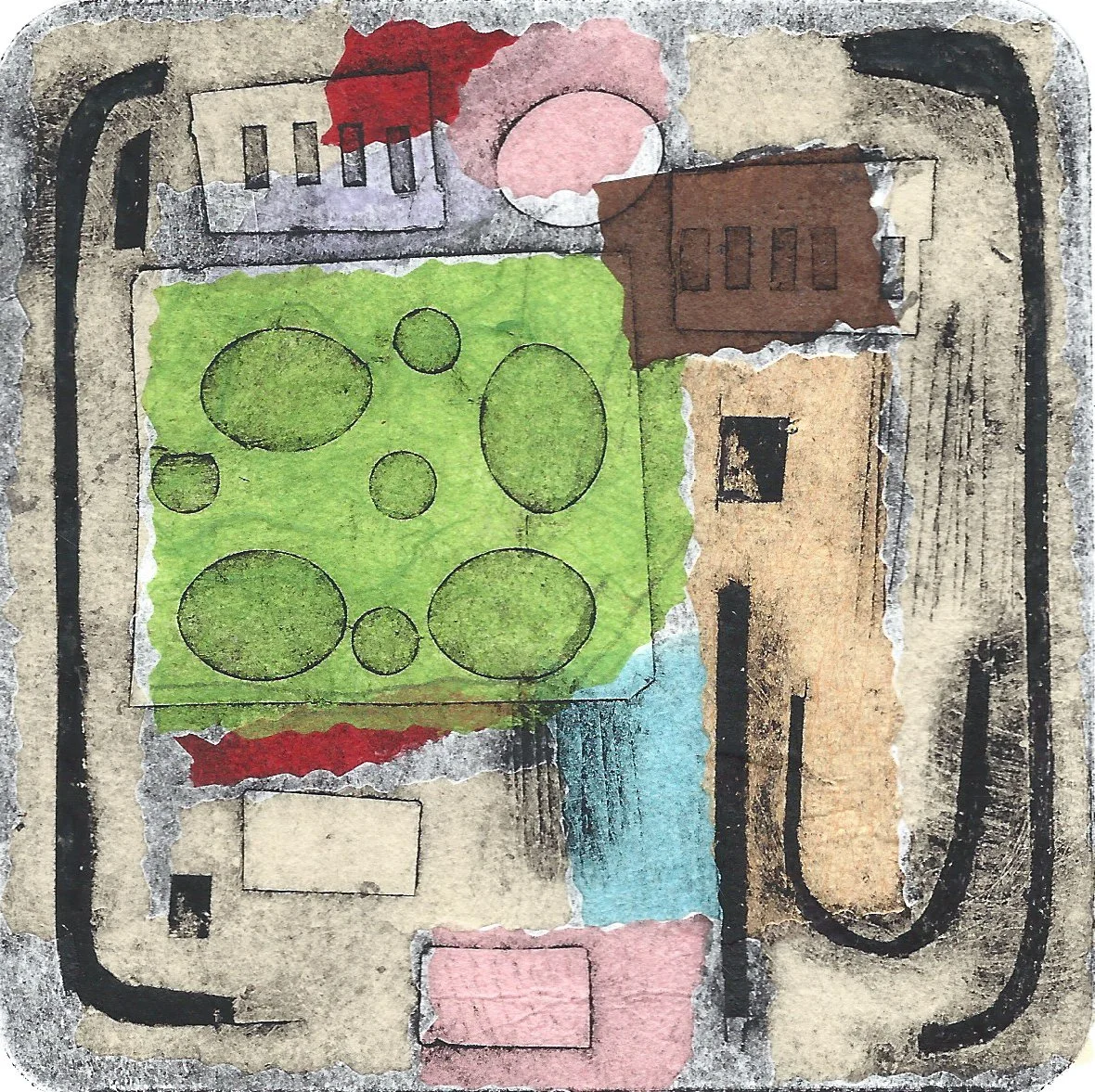 "Surburbs#4". Collagraph with Chine Colle'. Print size: 4" x 4". Paper size: 8" x 8". 2026. 