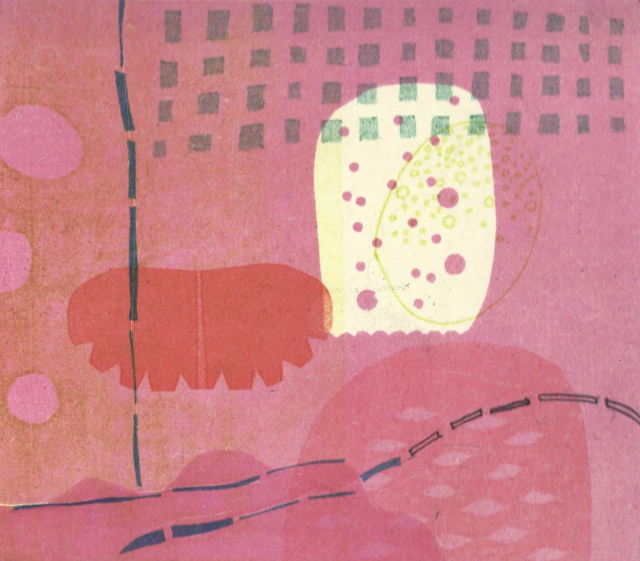 "Almost Communicating". Print size: 6.25"X7.125".. Monoprint, trace monotype, stencils. 2026.