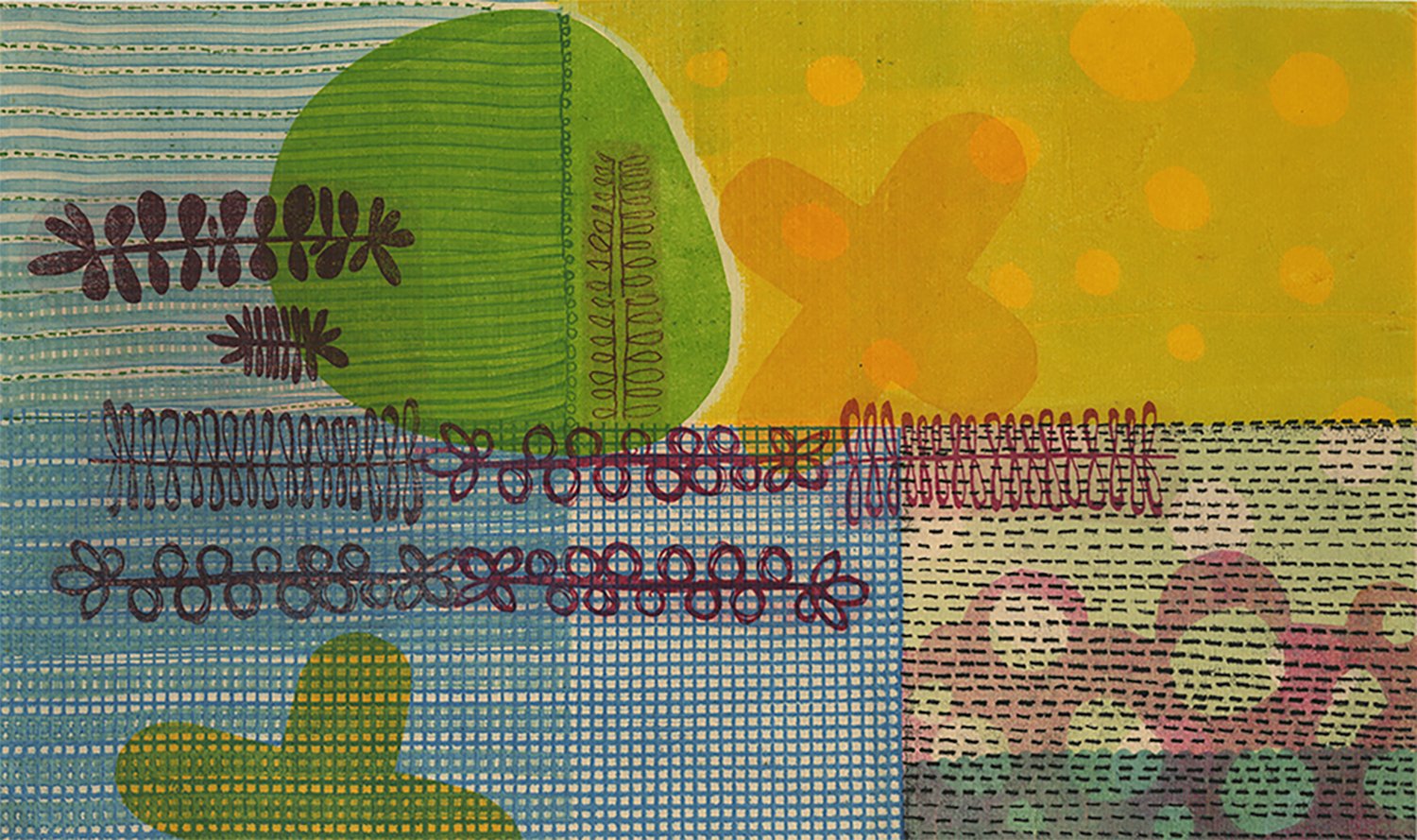 “Wit with Nit”. 2018.
Medium: Monoprint, trace monotype printed on Kitikata paper chine colle to Lennox paper. 
10” x 16”.