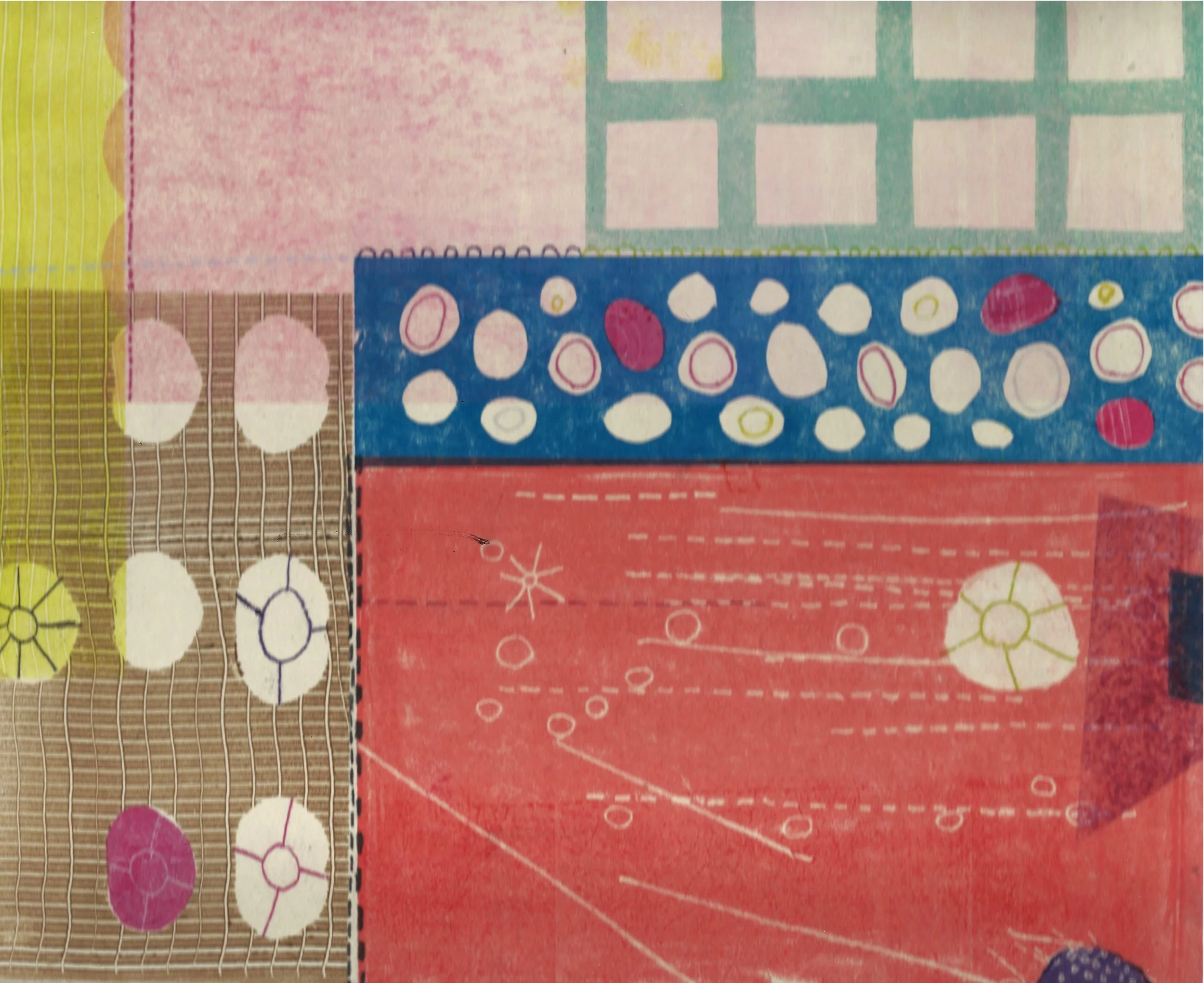 "East Ninth Street". Print size: 8.25" X 10". Collagraph, monoprint, trace monotype, stencils. 2026.
