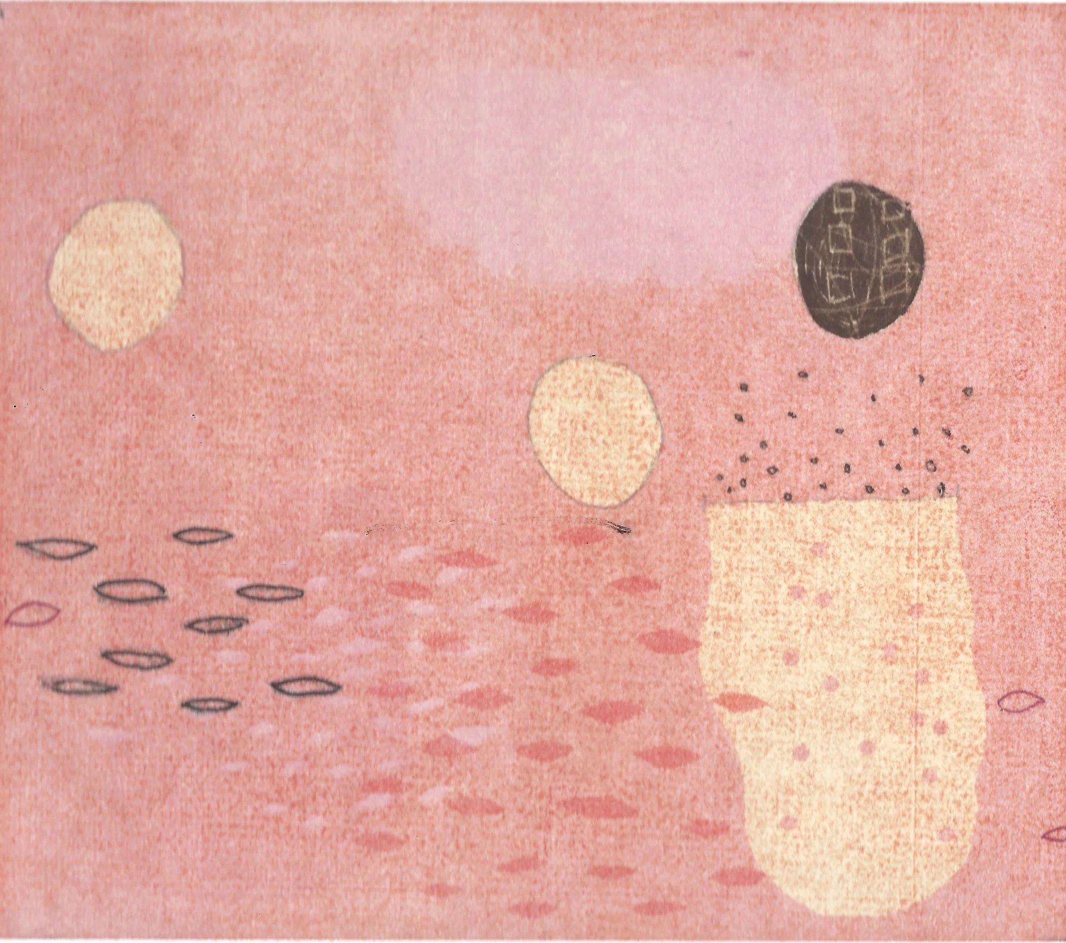 "Mystic". Print size: 6.25" X 7.125". Monoprint, trace monotype, stencils. 2026. 