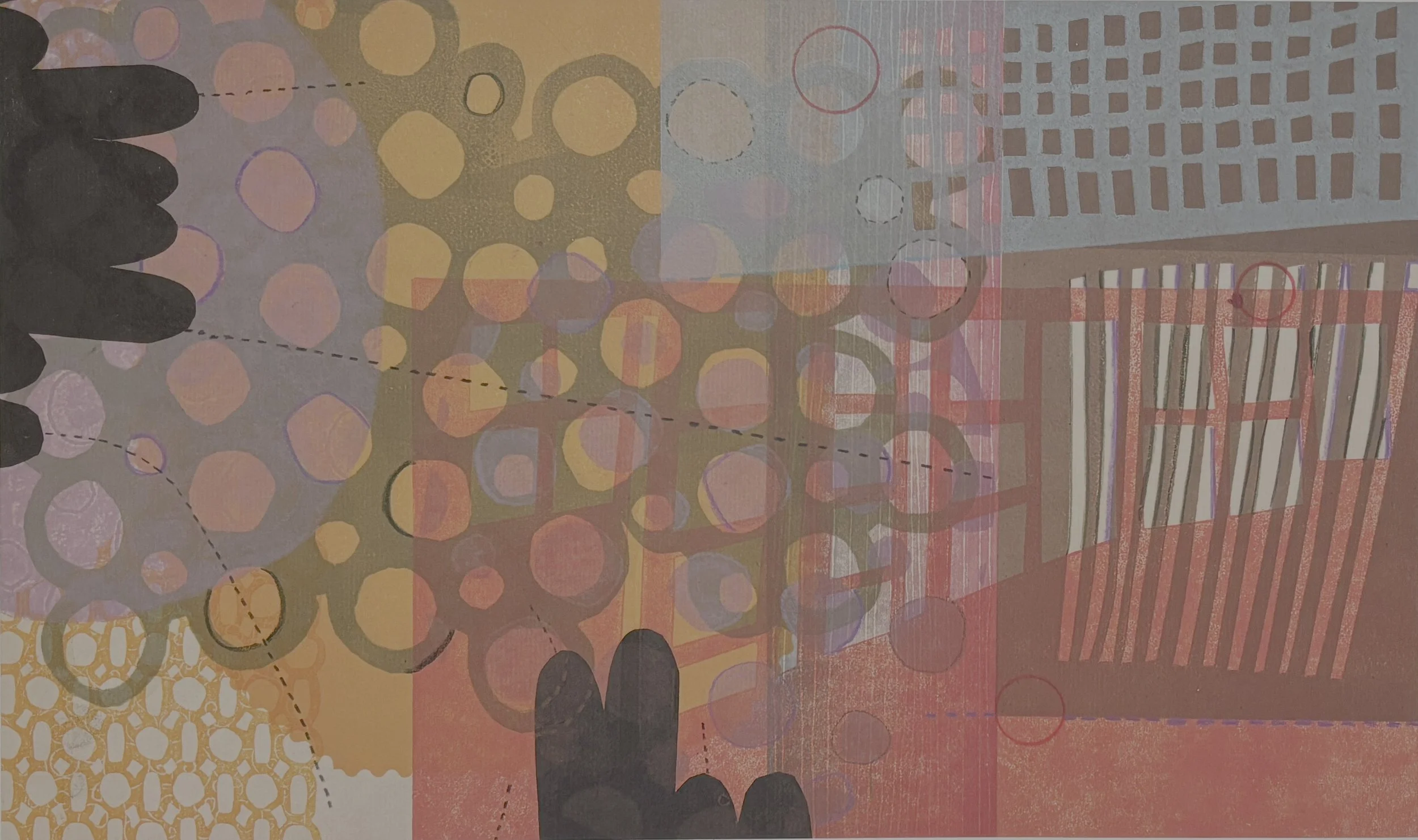 "Back Porch Shannigans". Print size: 8" x 16". Monoprint, trace monotype, stencils. 2026. 