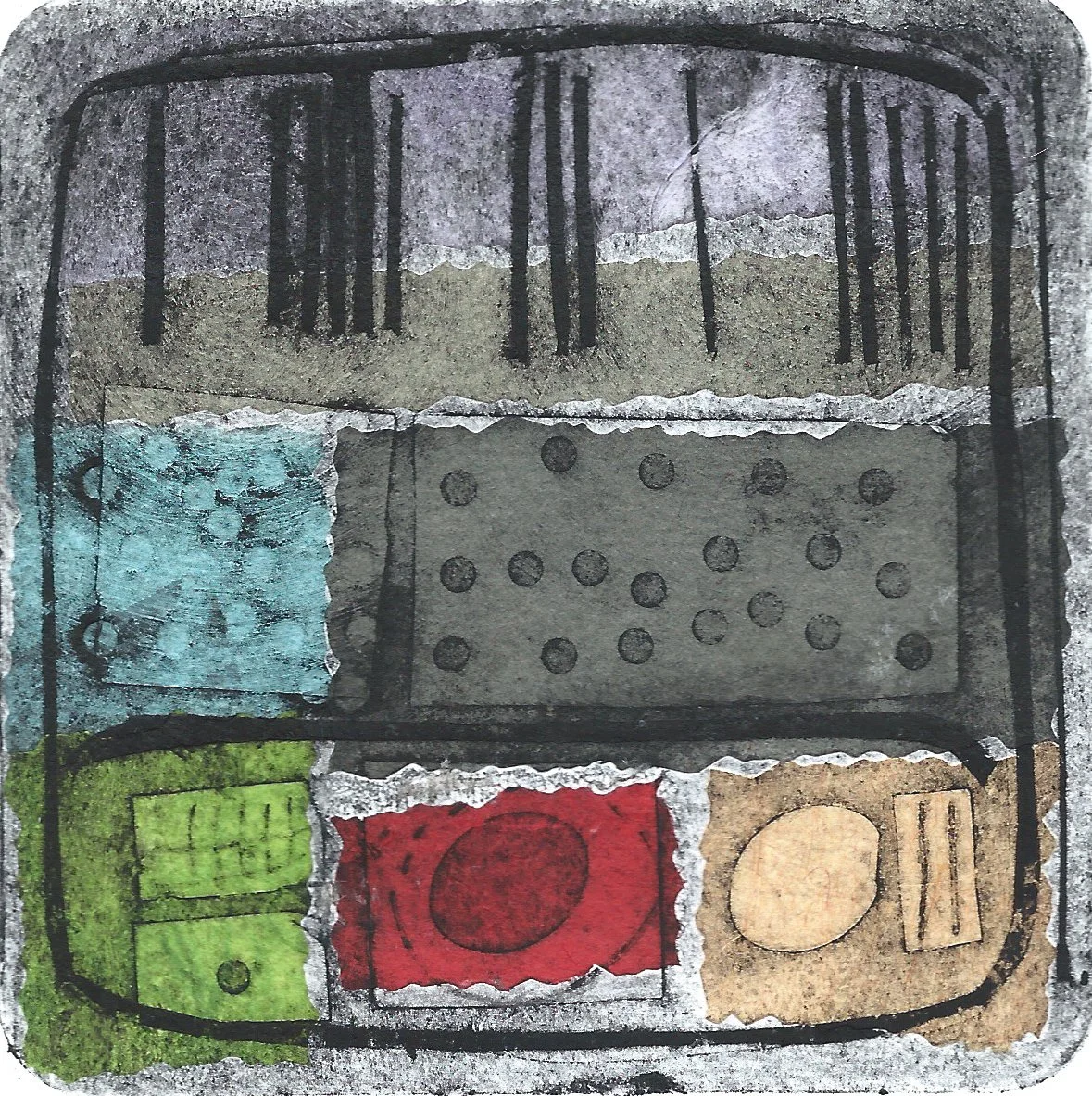 "Surburbs#1". Collagraph with Chine Colle'. Print size: 4" x 4". Paper size: 8" x 8". 2026. 