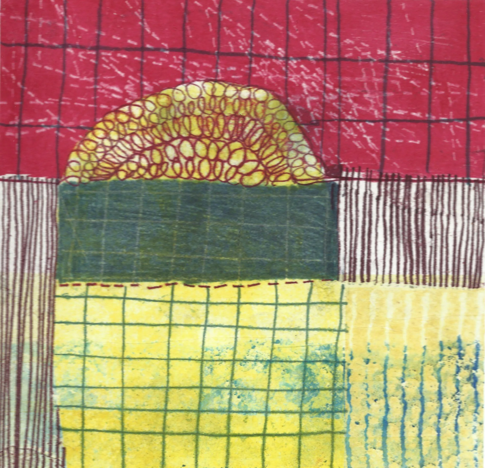 "Divide The Farm". Print size: 6.5" X 6 .75". Paper size: 12.5" X  12.75". Monoprint, trace monotyoe. 2026.
