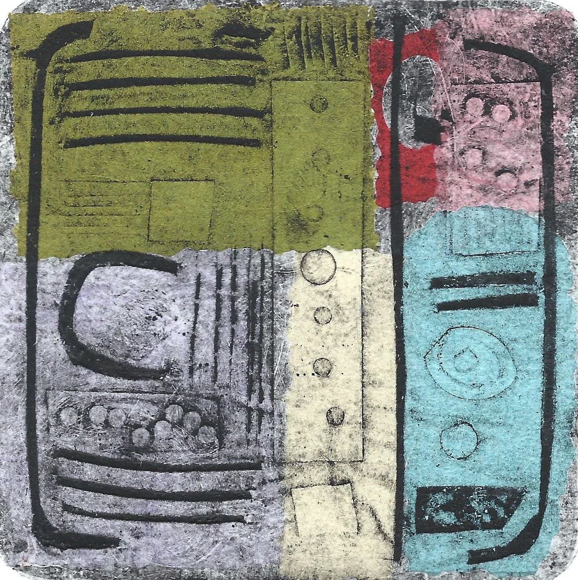 "Surburbs#6". Collagraph with Chine Colle'. Print size: 4" x 4". Paper size: 8" x 8". 2026. 